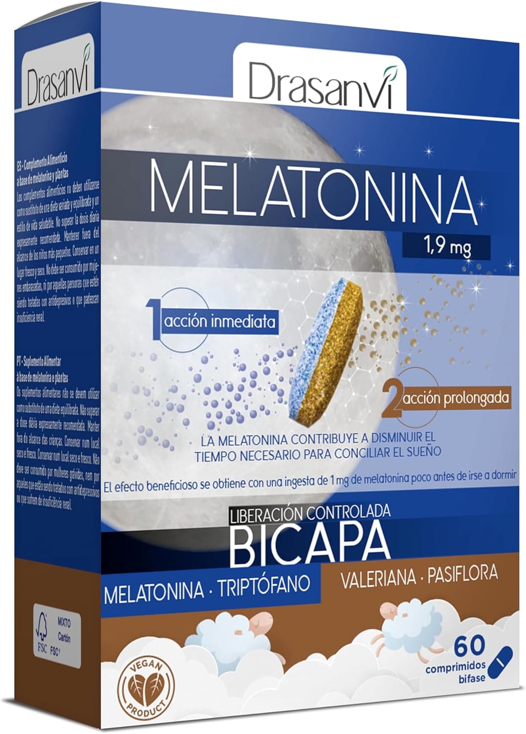 DRASANVI Melatonina bicamada de 1,9 mg com triptofano, passiflora e valeriana, ação dupla, contribui para conciliar o sono de forma rápida e para um relaxamento natural, embalagem 60 comp. = 60 dias