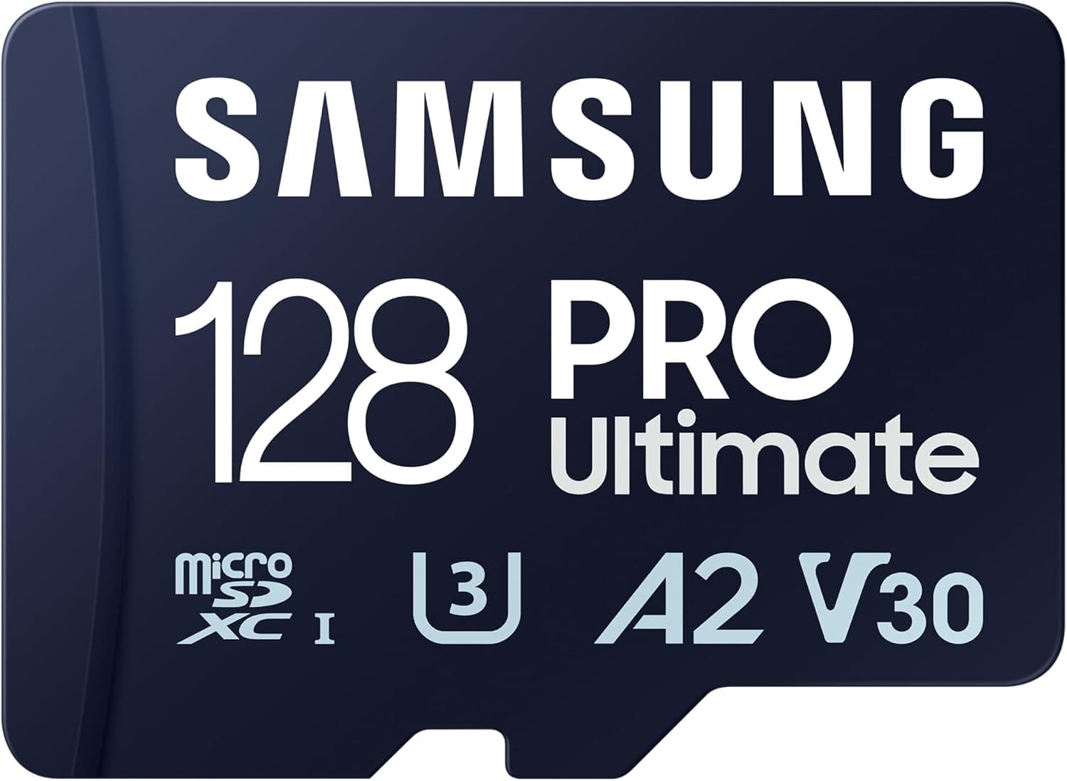 Samsung PRO Ultimate Cartão de memória MicroSD com adaptador SD, 128 GB, 200 MB/s e 130 MB/s, UHS-I, C10, U3, V30, A2, 4K UHD, adequado para smartphone, Tablet, GoPro, DJI Dron, Steam D. Peck (MB-MY)