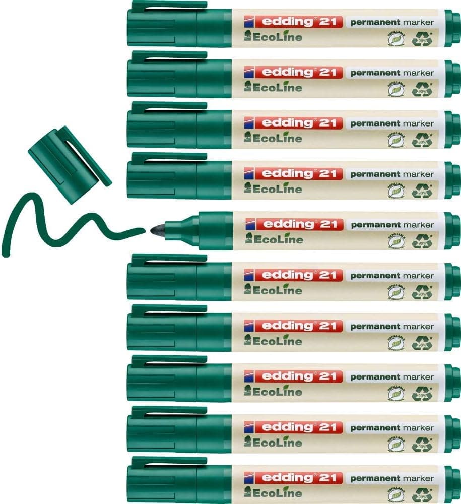 edding 21 Marcador permanente EcoLine - verde - 10 marcadores - ponta redonda 1,5-3 mm - secagem rápida indelével - resistente à água e aos borrões - cartão plástico madeira metal tecido - universal