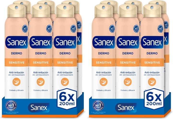 Sanex Dermo Sensitive | Desodorizante em spray sem perfume para pele sensível, 200 ml x 12