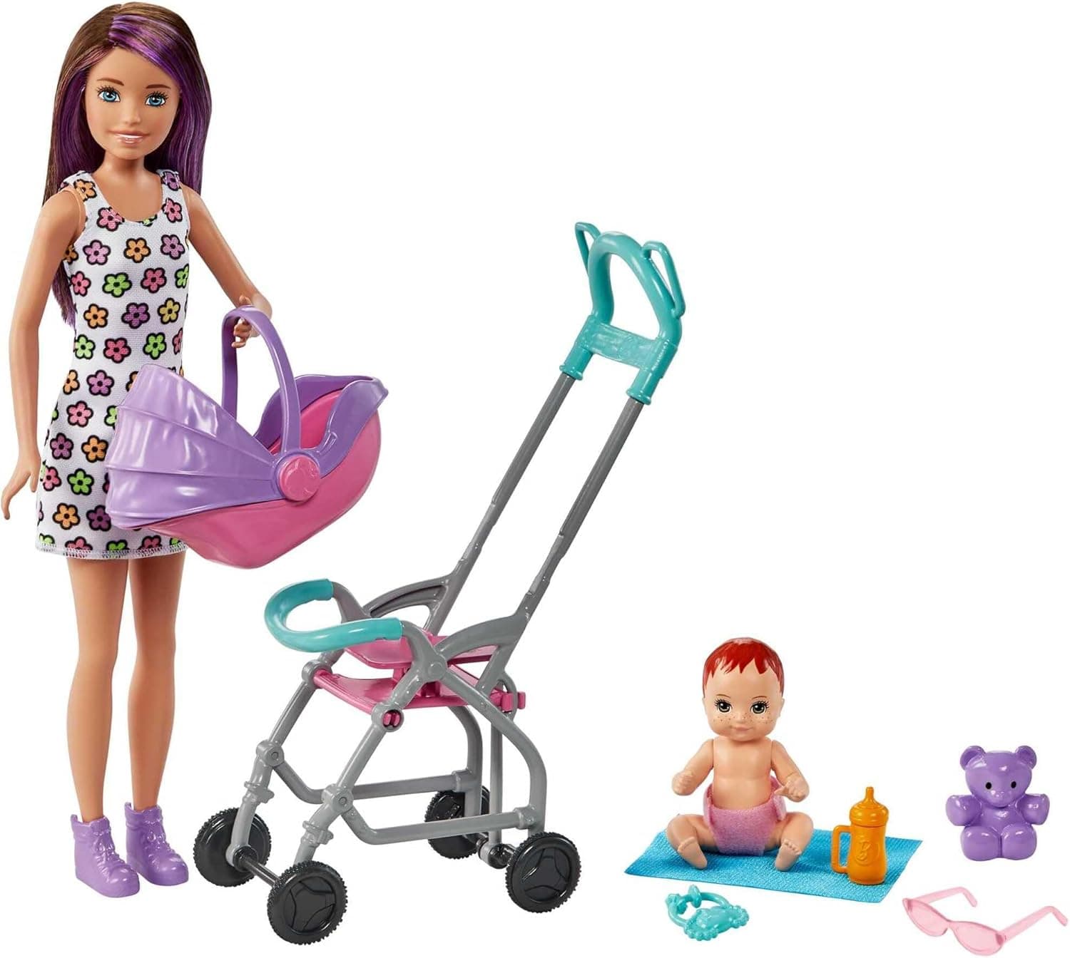 Barbie Skipper Boneca de babá com carrinho de bebé e criança, brinquedo com 7 acessórios, presente + 3 anos, multicolorido (Mattel GXT34)