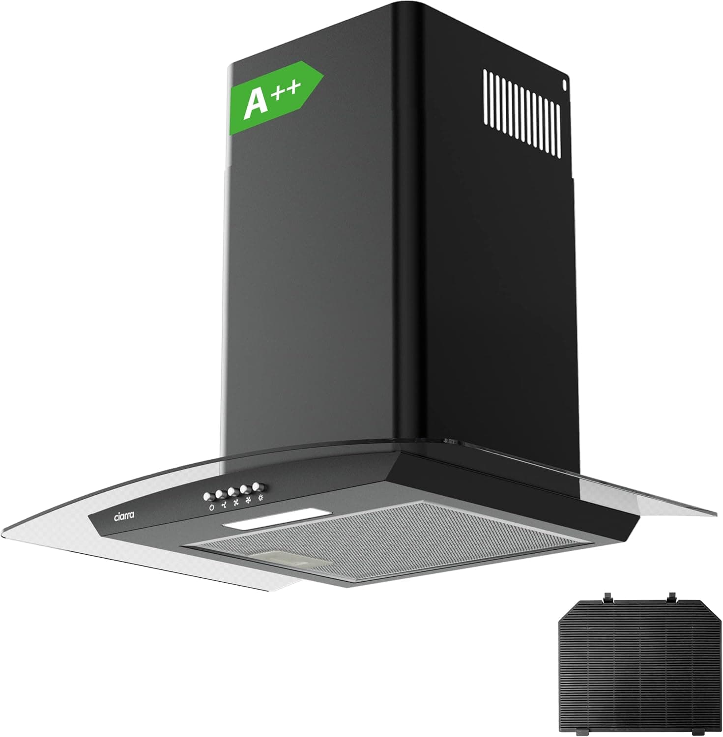CIARRA Extrator de parede cristal de 60 cm, 550 m³/h, luz LED, 3 velocidades, botões de controlo, ruído reduzido, máx. 56 dB(A), recirculação e sucção, em aço inoxidável, 100 W