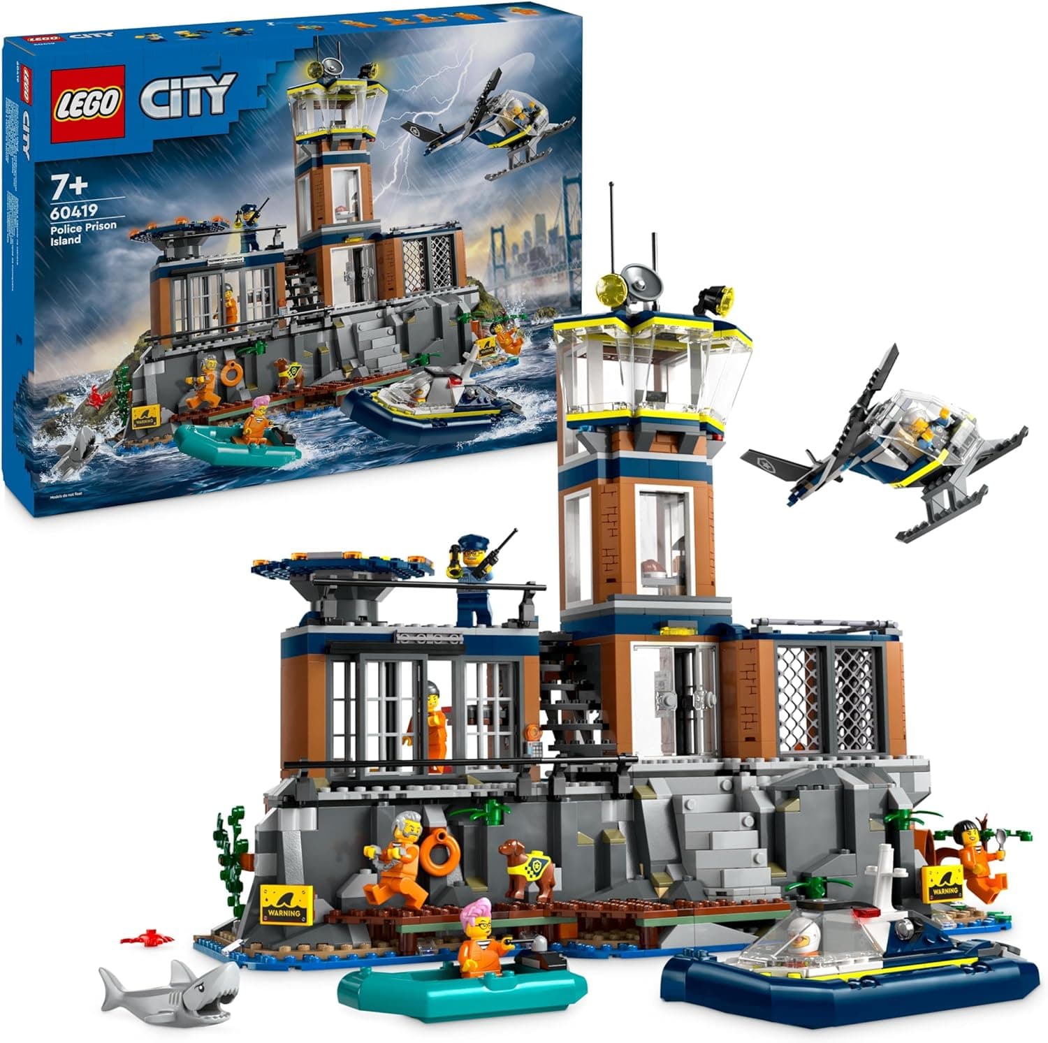 LEGO City Ilha da Prisão da Polícia, presente de Natal para meninos e meninas de 7 anos ou mais, helicóptero, barco, larga e prisão de brinquedo, 7 minifiguras e figuras de animais cão e tubarão 60419