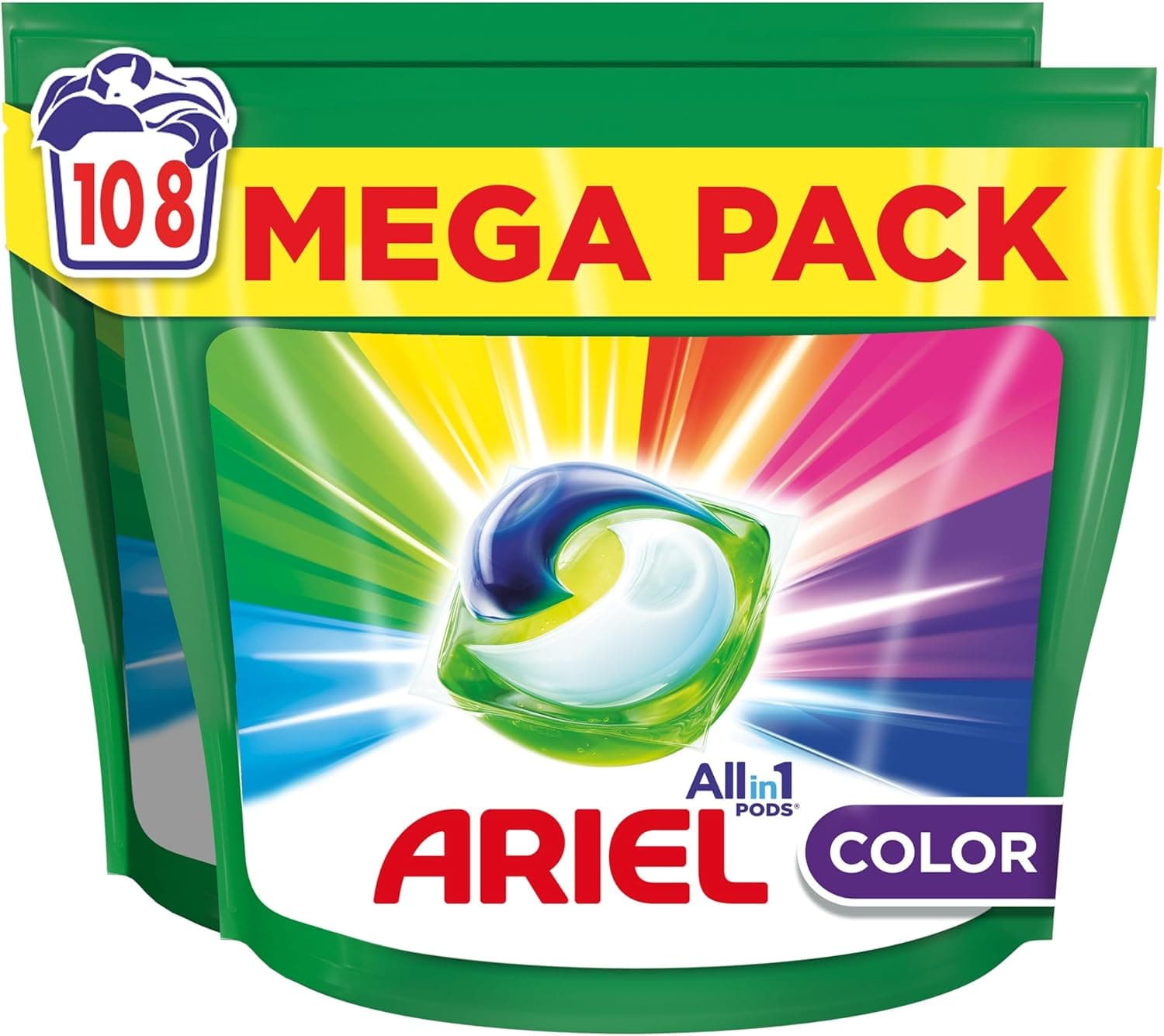 ARIEL PODS Tudo em 1 detergente máquina de lavar líquido em cápsulas/comprimidos, 108 lavagens (2 x 54), sabão de limpeza profunda, mais cor, cuidado extra da cor e do brilho