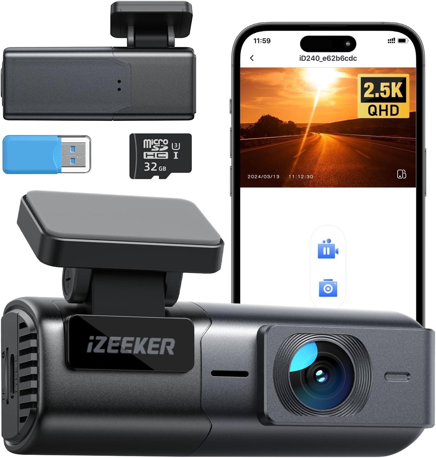 iZEEKER 2,5 K Dashcam WiFi Dash câmara para carros, mini câmara para carro 1440P Front Dashcam com aplicativo, cartão 32 GB grátis, visão noturna, WDR, G-Sensor, gravação em loop