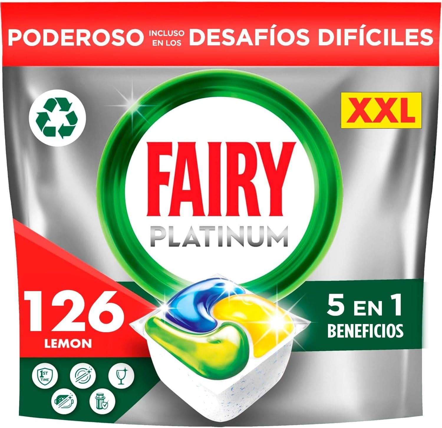 Fairy Platinum Limão, cápsulas de máquina de lavar louça, tudo em um, 126 cápsulas, para os restos mais difíceis, limpa até a gordura dos filtros