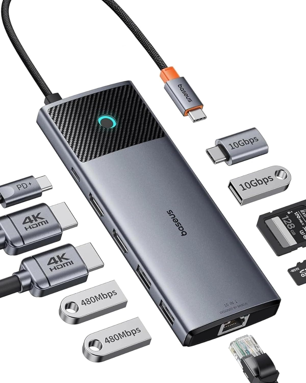 Baseus Docking Station 10 em 1 | Dock multifunções com 2 HDMI 4K, USB‑A e USB‑C 10 Gbps, Ethernet e carregamento 100 W
