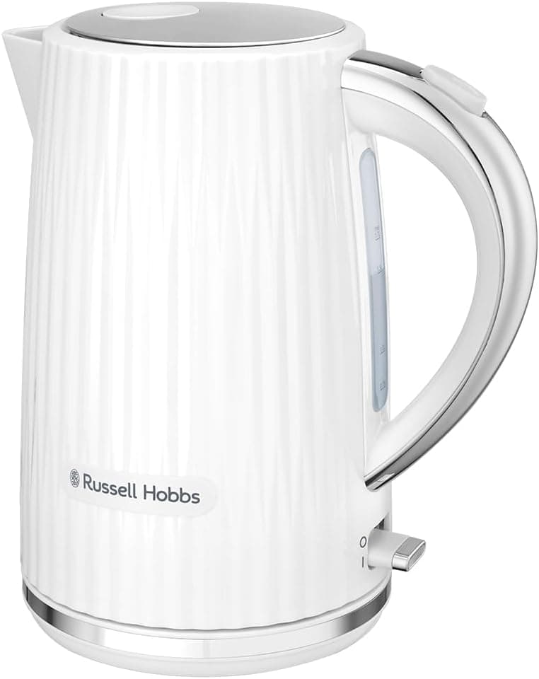 Russell Hobbs Chaleira de água elétrica, para água quente, chá ou café, 1,7 l, tampa de abertura por pressão, filtro removível e lavável, detalhes cromados, branco, 2400 W, Eden 27360-70