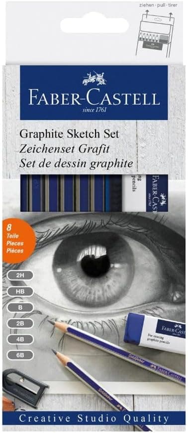 Faber-Castell FC114000 Conjunto de grafite Creative Studio com 6 lápis Goldfaber, 2H, HB, B, 2B, 4B, 6B lápis afiados e borracha, multicolorido