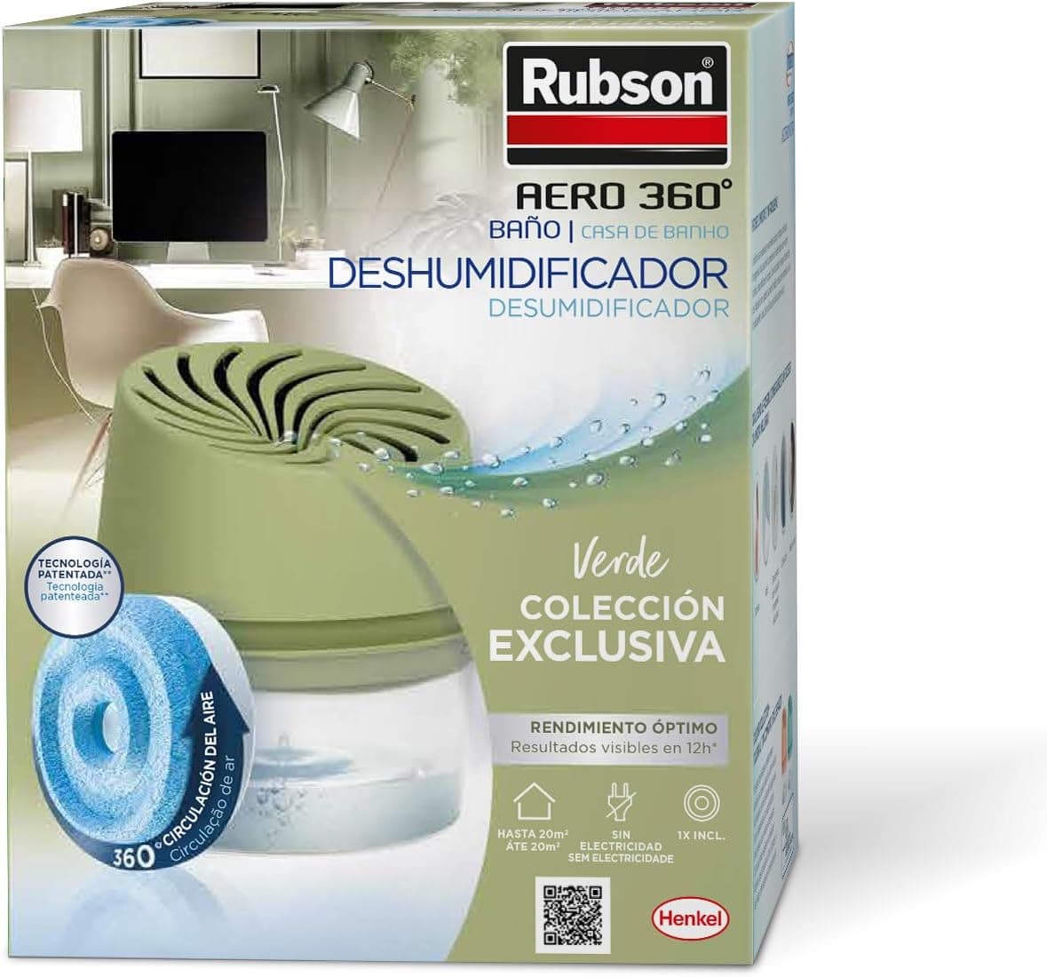 Rubson AERO 360º Deshumidificador portátil anti-humidade edição limitada cor verde azeitona (1 dispositivo e 1 tablet 450 g), absorve humidade que evita a condensação