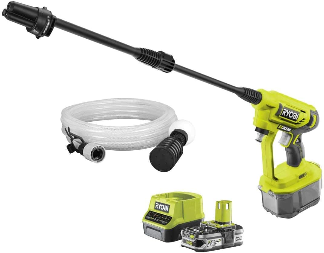 Ryobi - Pistola de alta pressão sem fios 18 V ONE, 22 bar, 182 L, 3 em 1, limpa toda a superfície, mangueira 6 m com filtro e filtro, 1 bateria 2,5 Ah e 1 carregador 1,5 A, RY18PW22A-122A-1222A.