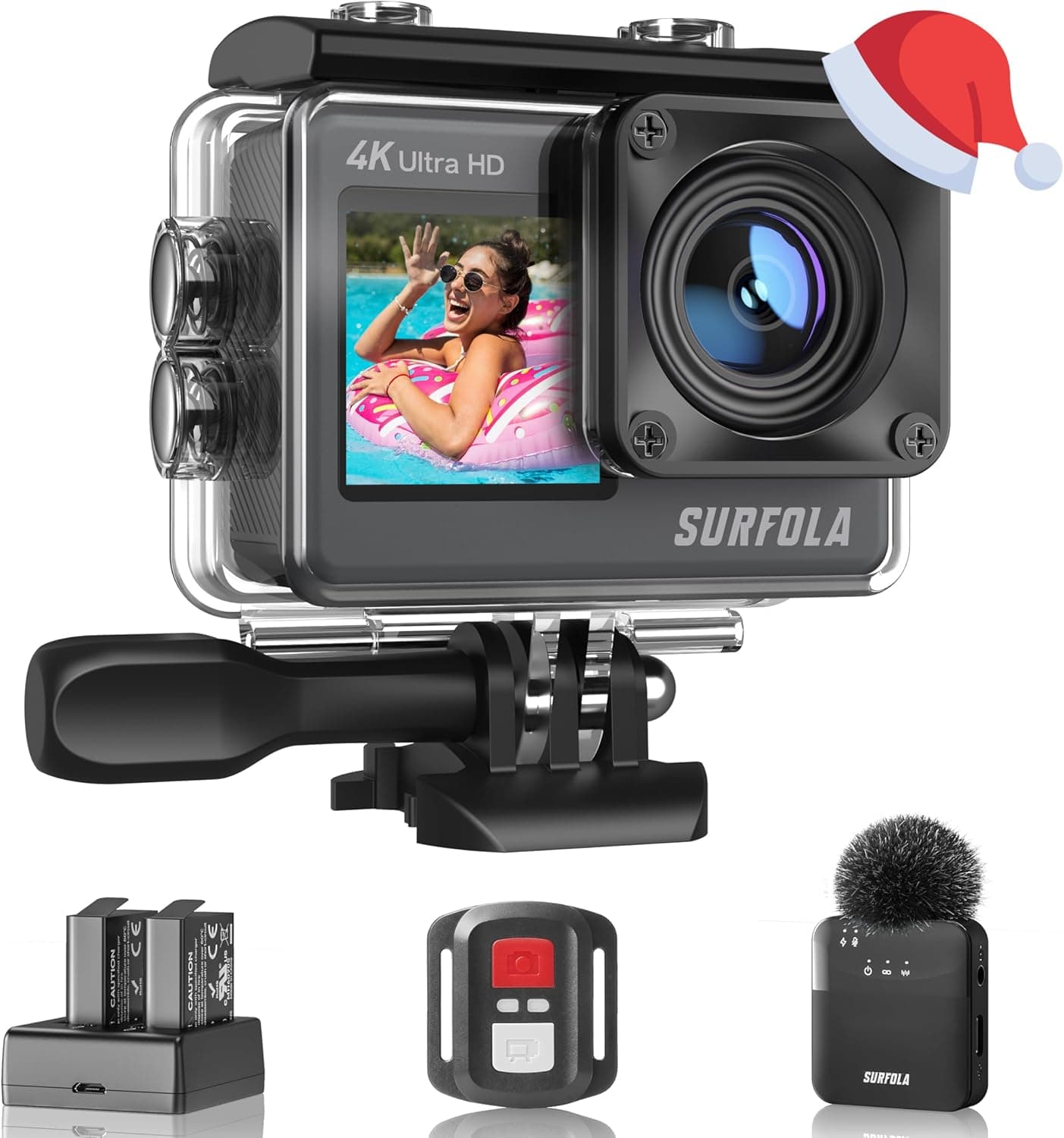 Câmara desportiva 4 K/60 fps 24 MP ecrã duplo WiFi EIS Vlog CAM 8X Zoom ecrã tátil câmara submergível com controlo remoto, kit de acessórios para capacete