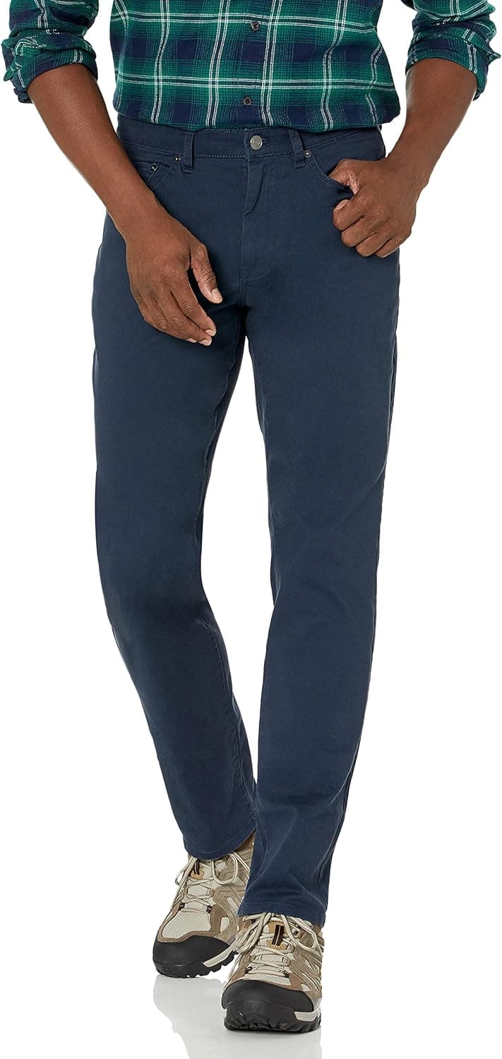 Amazon Essentials Calças de sarja elásticas com 5 bolsos e ajuste desportivo (disponíveis em tamanhos grandes e longos especiais) para homem