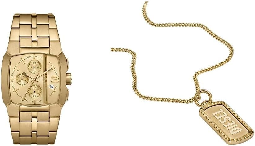 Diesel - Relógio Cliffhanger e colar Dog Tag para homem - movimento cronógrafo, aço inoxidável dourado