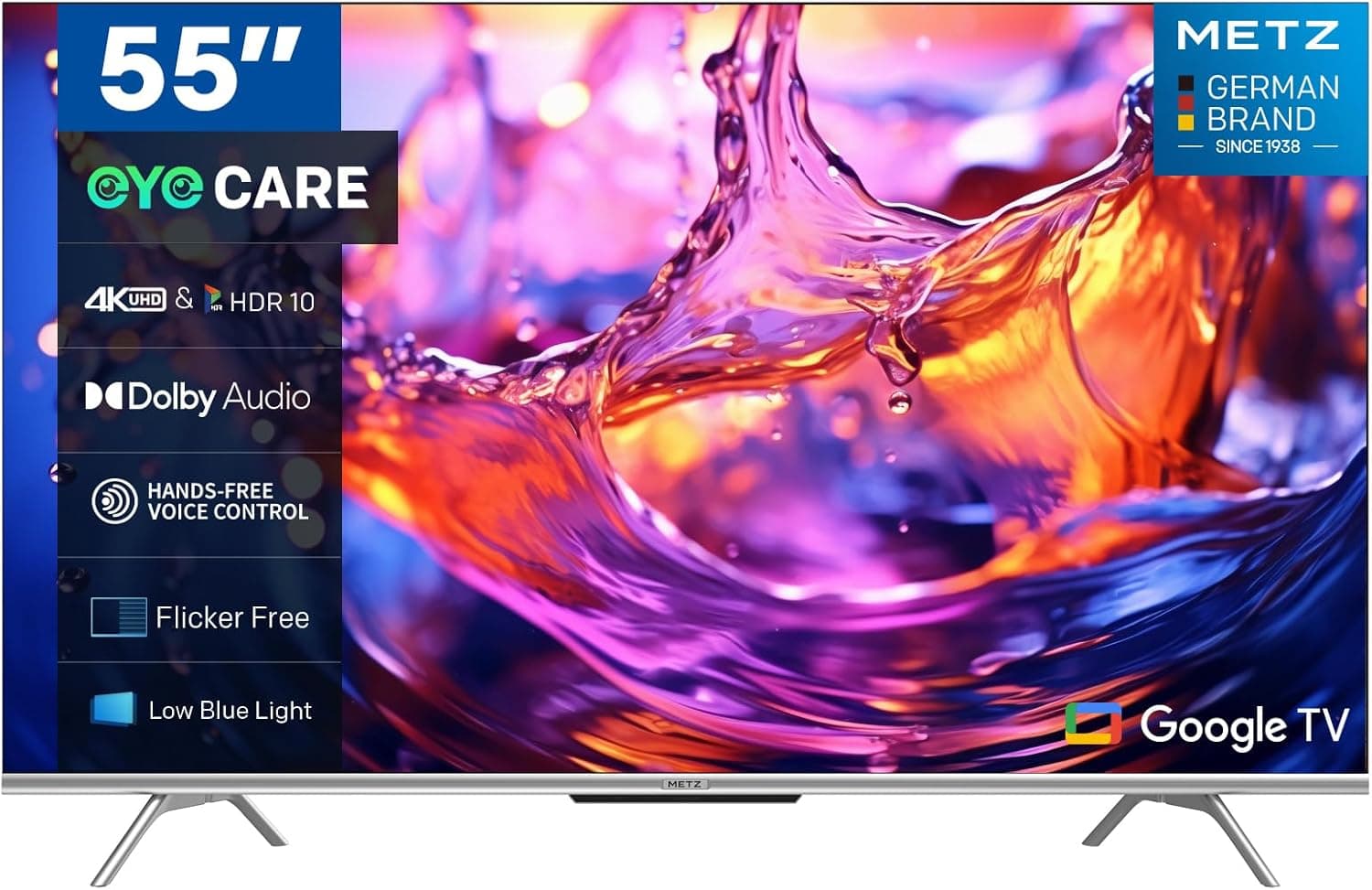 Metz Smart TV 55" 4K UHD, 55MUD7000, Google TV com HDR10 e HLG, Dolby Audio e DTS Studio, Chromecast, controlo por voz, assistente do Google, sintonizador DVB-T/-T2/-C/-S/-S2/analógico Co, CI+ 12