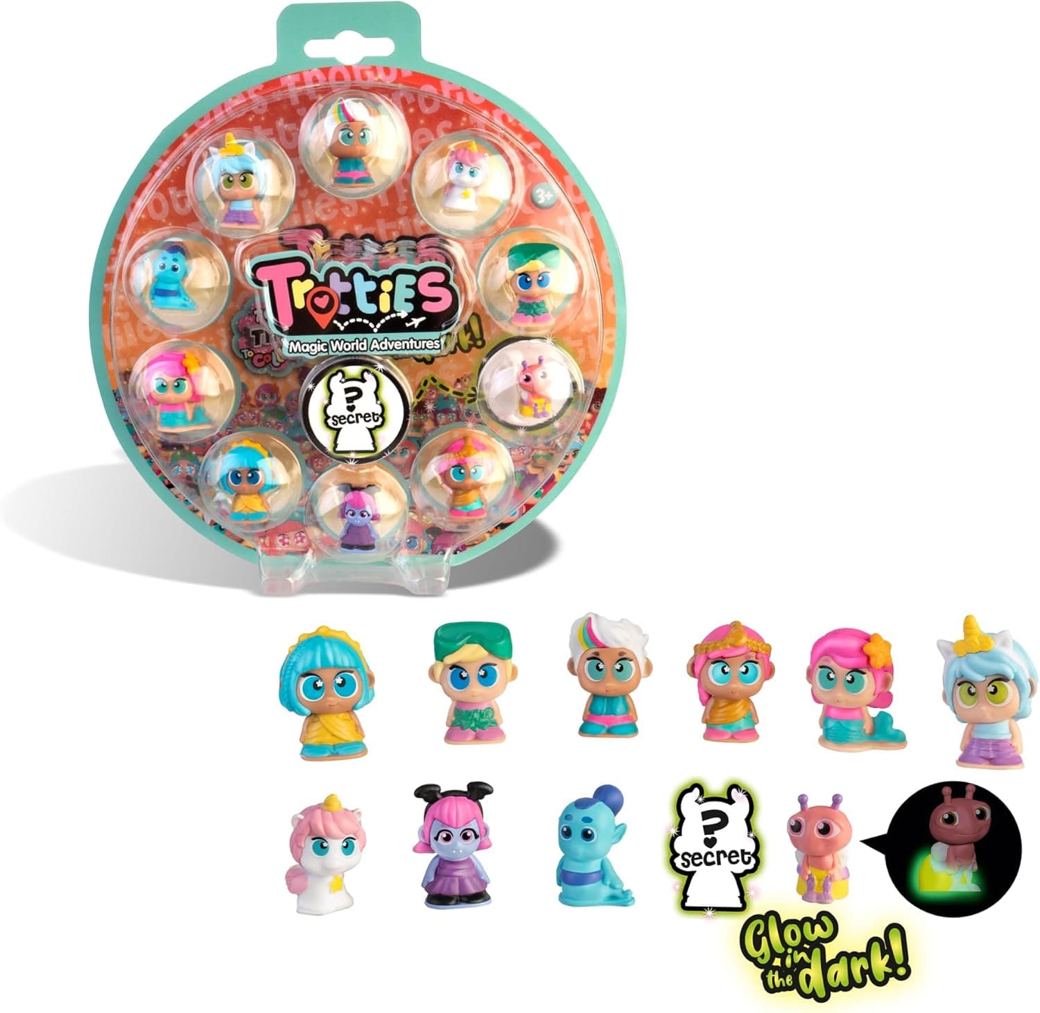 Trotties - Tiny Pack de 11 figuras colecionáveis com surpresa, existem 2 figuras especiais que brilham no escuro e uma delas secretas, para crianças de 3 anos, famosa (TFT25000)