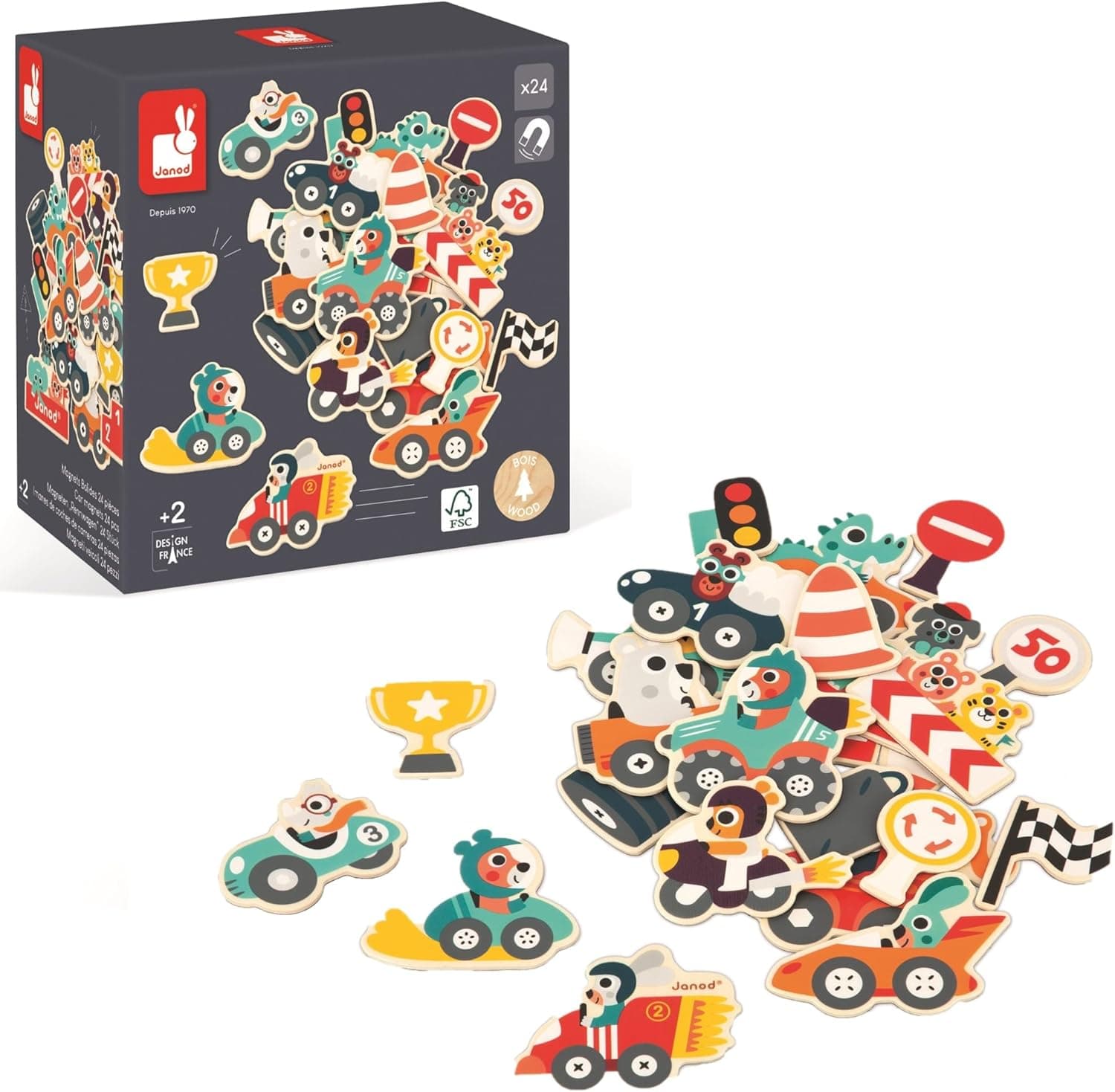 Janod - 24 Ímans Bólidos - Brinquedo de madeira FSC - Jogo Educativo Magnético - Acessórios de ardósia magnética - A partir de 24 meses, J09641