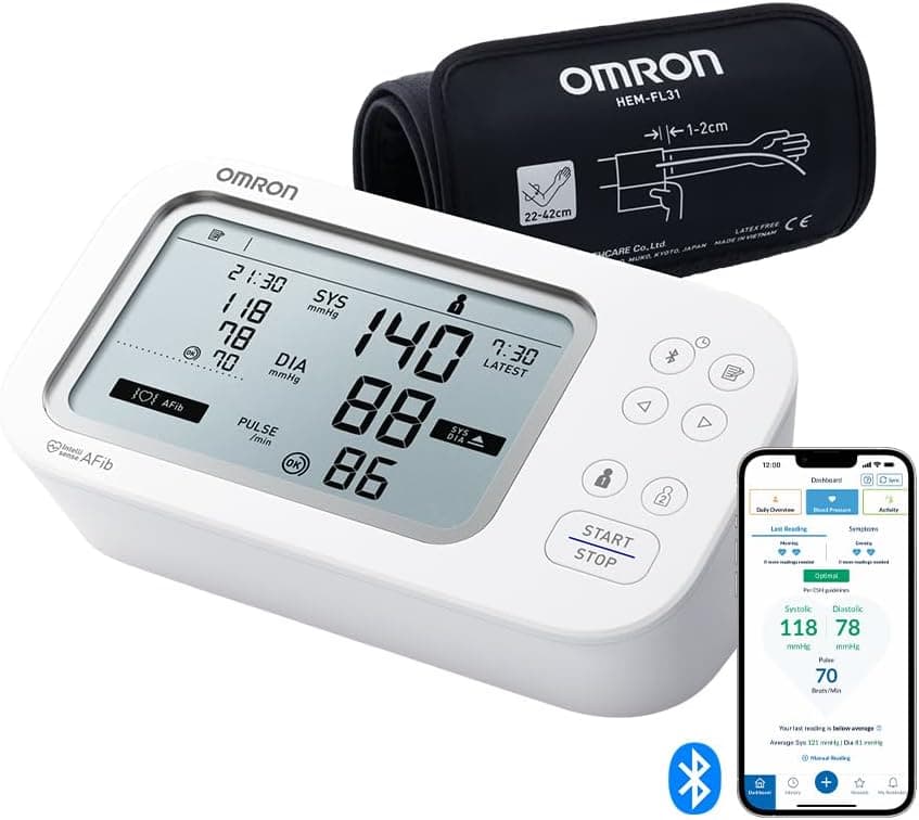 Tensiómetro OMRON X7 Smart AFib | deteta fibrilação auricular a cada tomada de tensão em casa, clinicamente validado, incl. Gravidez e diabetes | 2 utilizadores | Pulseira Intelli Wrap 22-42 cm