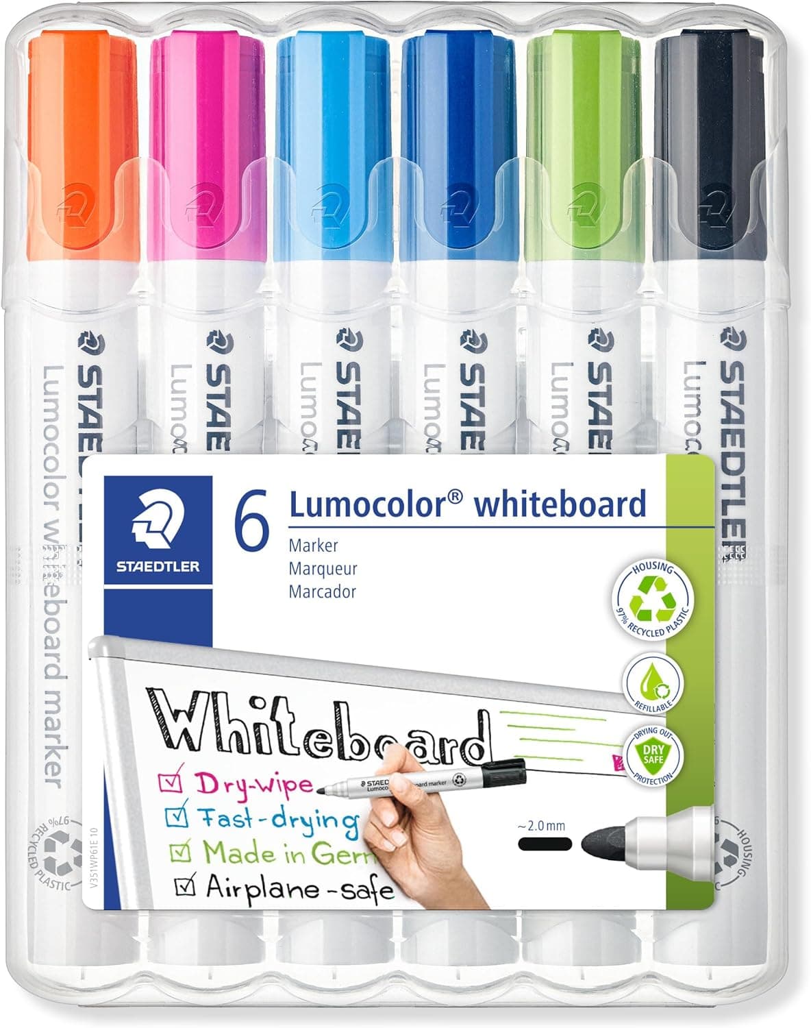 STAEDTLER 351 WP6-1 Lumocolor Whiteboard Marker. Estojo exclusivo com 6 marcadores para quadro branco, cores sortidas