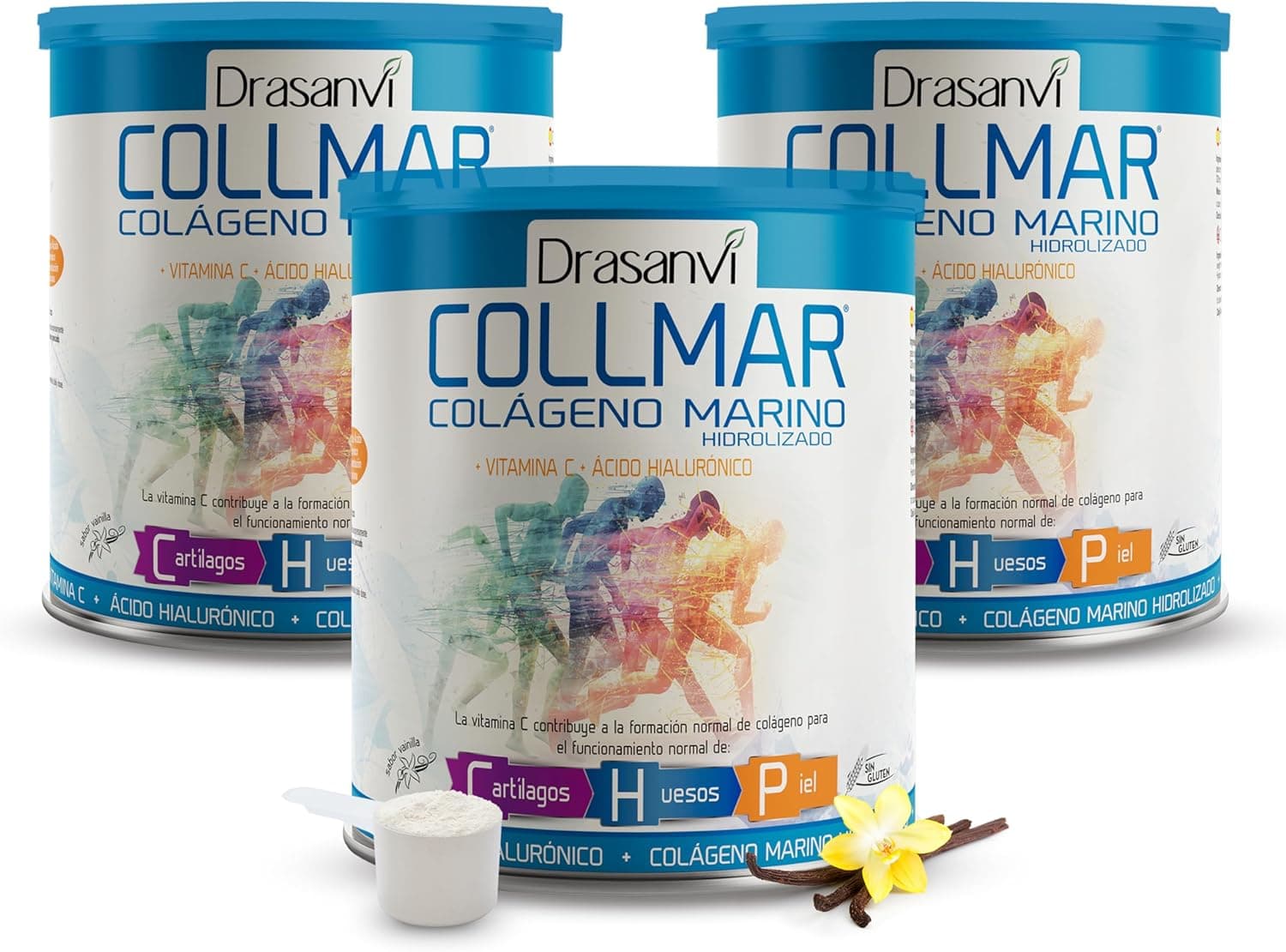 Drasanvi COLLMAR Colagénio marinho hidrolizado com ácido hialurónico vitamina C | sem adoçantes, máx. assimilação 9,660 mg/dia | 3 x 275 g de pó | sabor baunilha