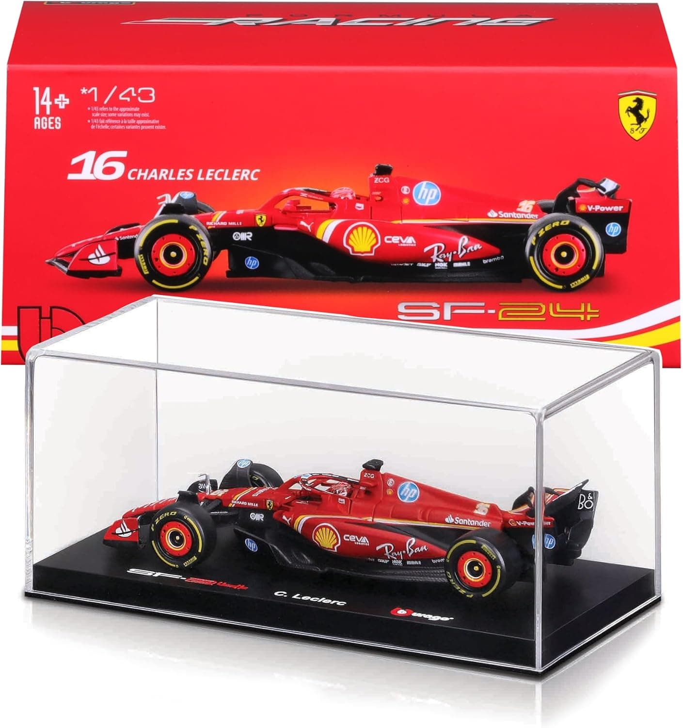 Bburago - Ferrari SF-24#16 Charles Leclerc Imola GP 2024, escala 1:43, modelo de fundição a pressão com capacete e estojo, detalhes realistas, licença oficial Ferrari, idade 14.