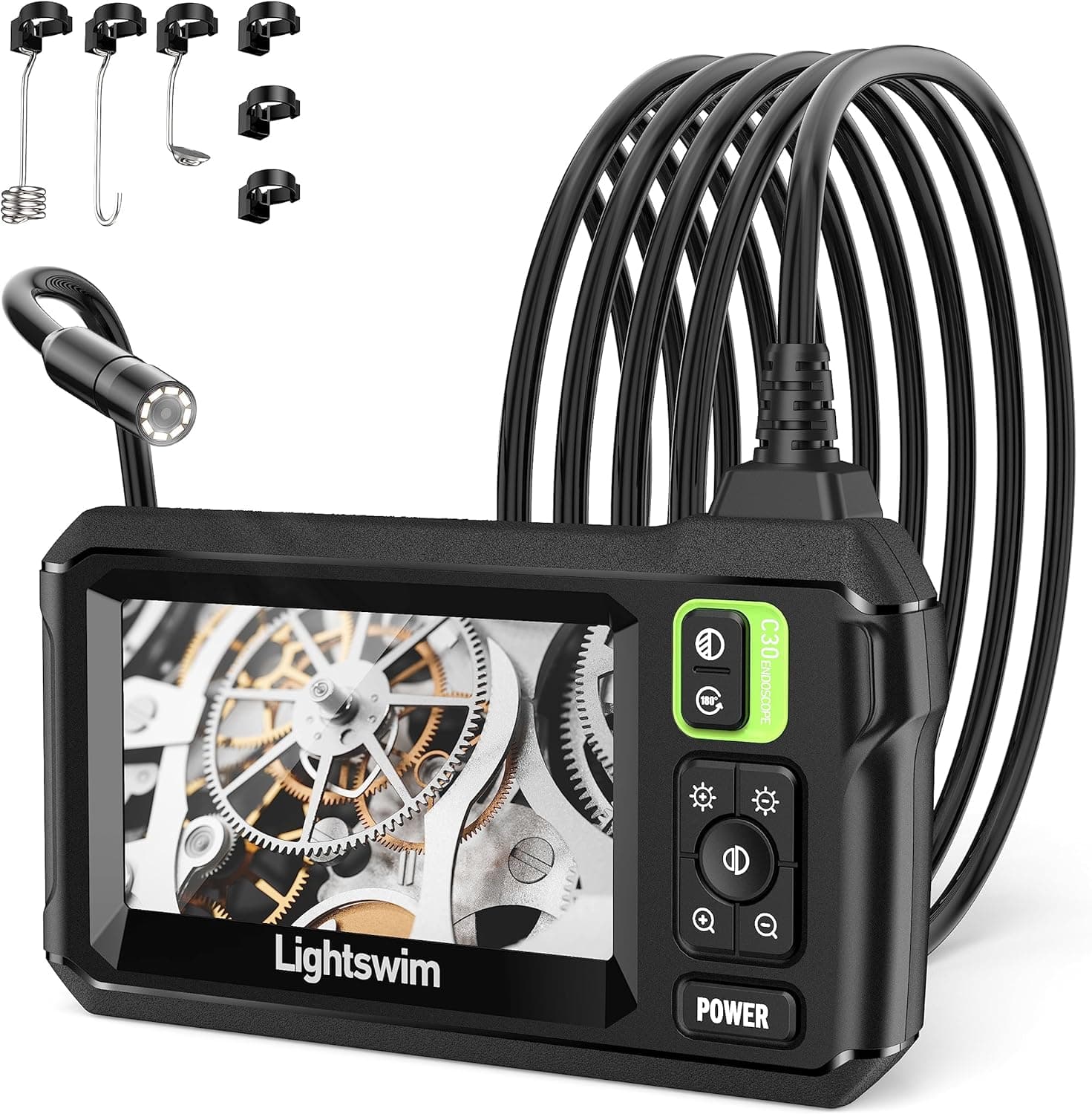 Lightswim - Endoscópio industrial 1920P HD, boroscópio digital, impermeável, ecrã LCD de 4,3 polegadas, câmara de inspeção de cobra com 8 luzes LED, cabo semirígido de 5 m