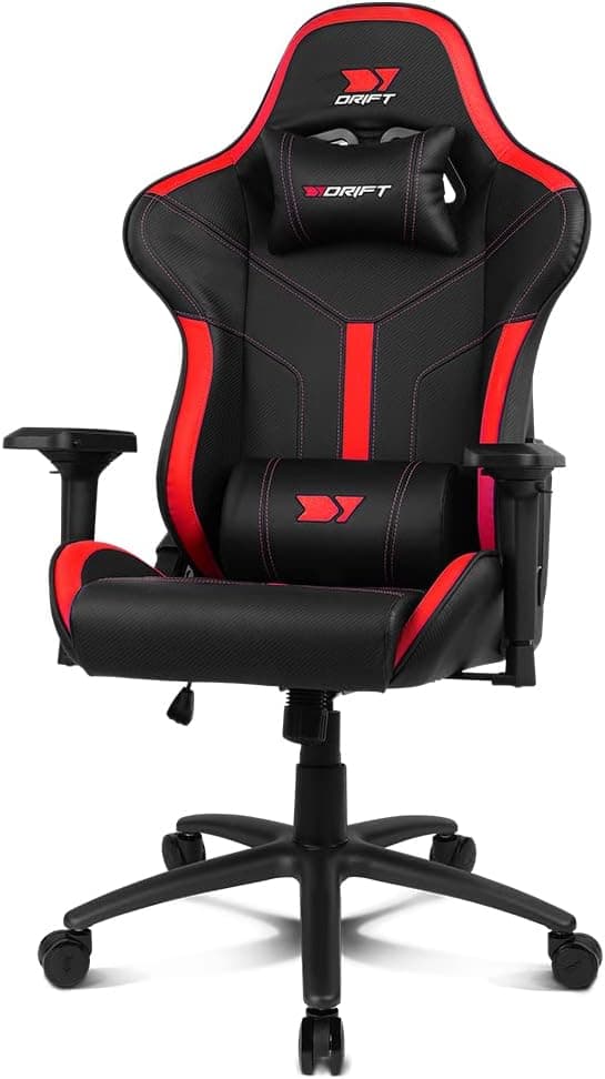 DRIFT GAMING DR350 - Cadeira Gaming profissional, couro sintético, apoio de braços 4D, rodas silenciosas, pistão classe 4, inclinação, almofada lombar e cervical, cor preto/vermelho