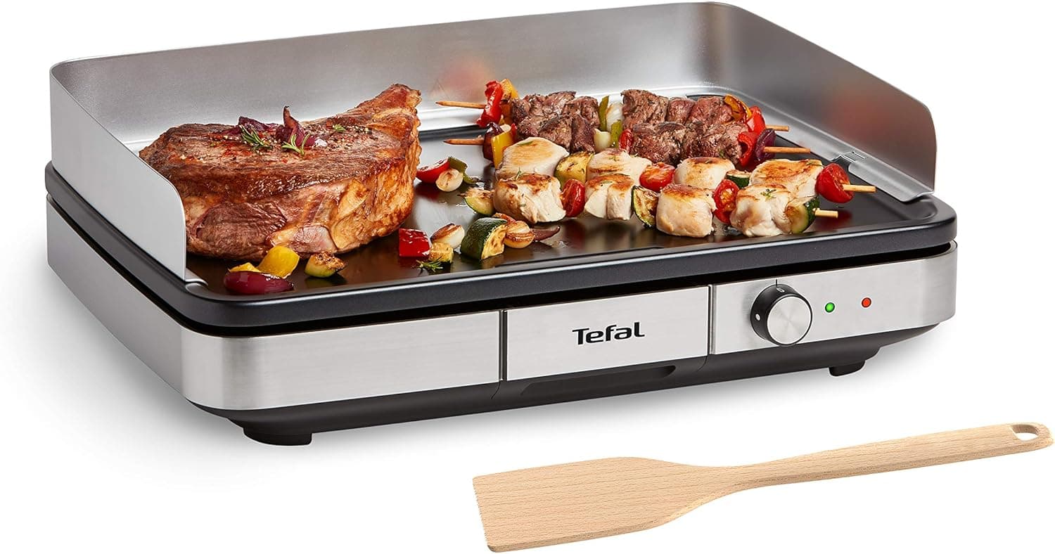 Tefal CB690D Maxi Plancha XXL | Grelhador elétrico de bancada em aço inox (2300 W), superfície extra‑grande para 10–12 pessoas, antiaderente, termóstato ajustável, proteção contra vento e espátula.