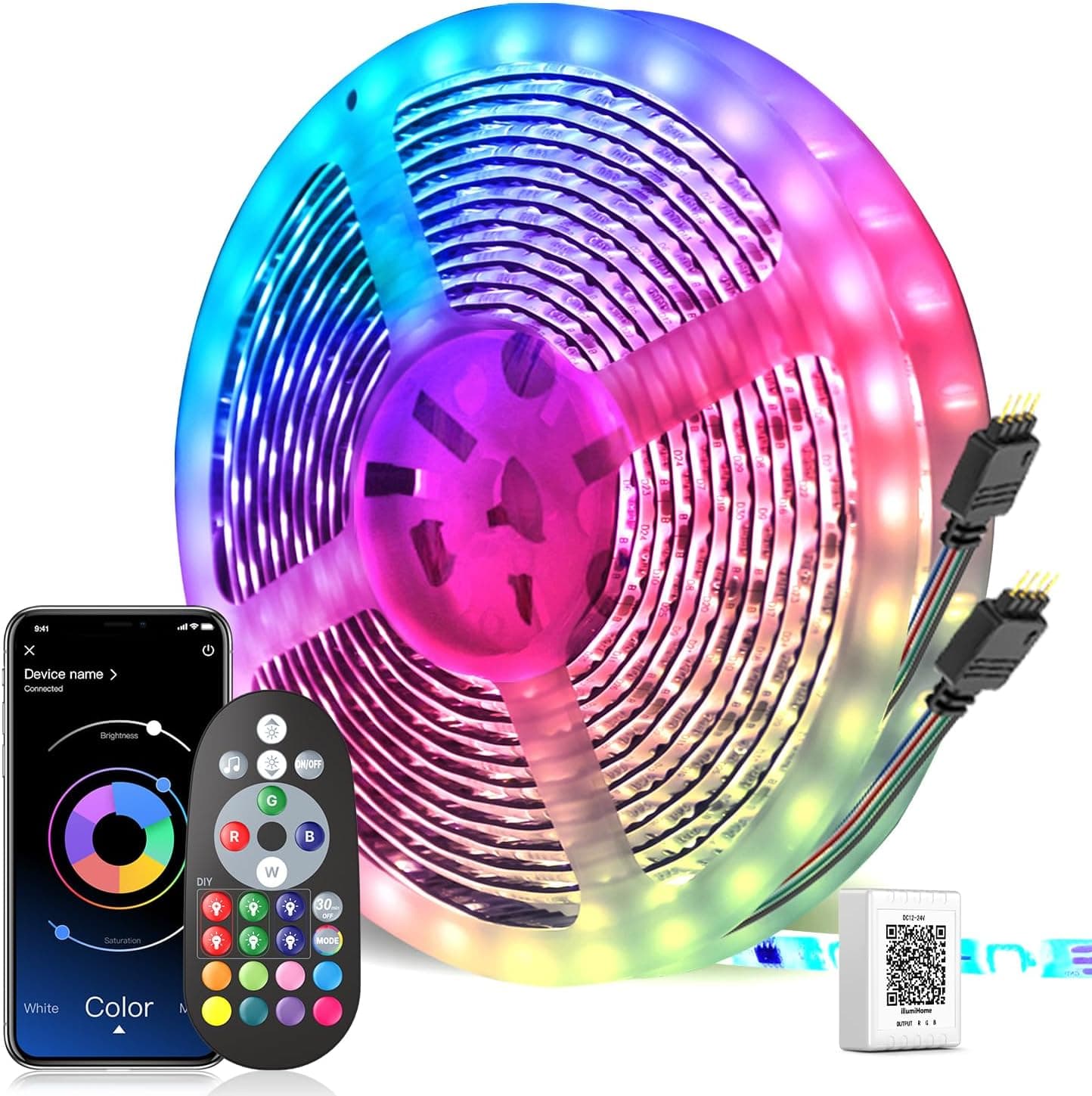 Tiras LED 30 m, luzes LED 5050 RGB com controlo remoto de teclas e controlo Bluetooth, 16 milhões de cores sincronização com ritmo de música, luzes LED para quarto, casamento, festa, Natal
