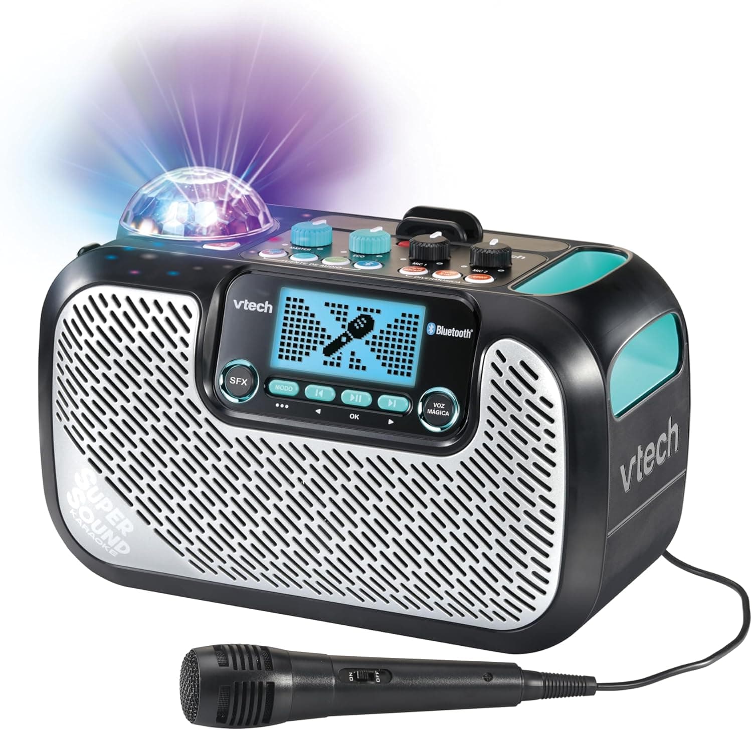 VTech - SuperSound Karaoke, coluna karaoke portátil com microfone, bola de discoteca iluminada giratória, Bluetooth, entrada auriculares, presente para crianças + 6 anos, conteúdo em espanhol