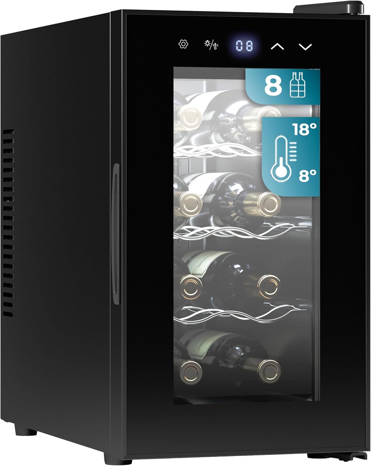 Cecotec Vinhoteca 8 Garrafas Bolero Grandsommelier 830 coolcrystal, arrefecimento termoelétrico, temperatura regulável entre 8 - 18 ºC, controlo tátil e ecrã, LED interior, gás não prejudicial