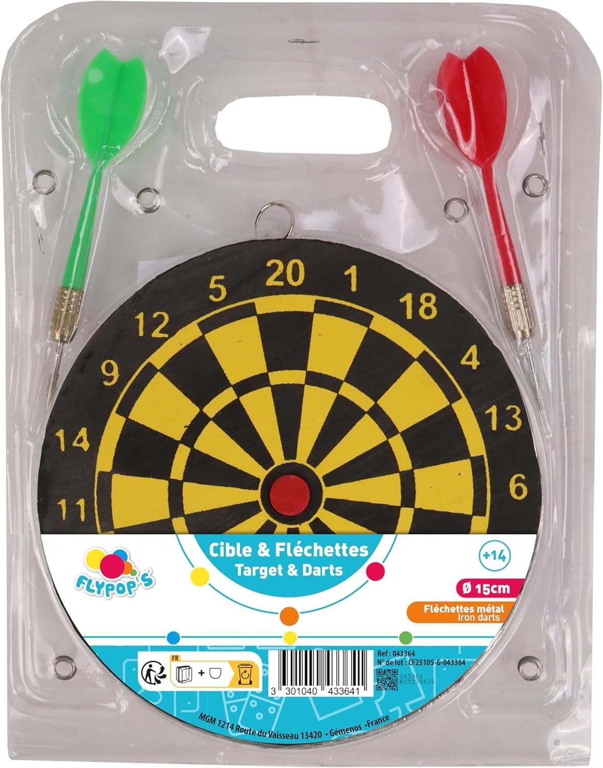 FLYPOP'S - Jogo de dardos - Jogo de habilidade e ao ar livre - 043364 - Multicolor - metal - Jogo para adolescentes - Dardos - Alvo - Pontas de metal, 15 cm, A partir de 14 anos