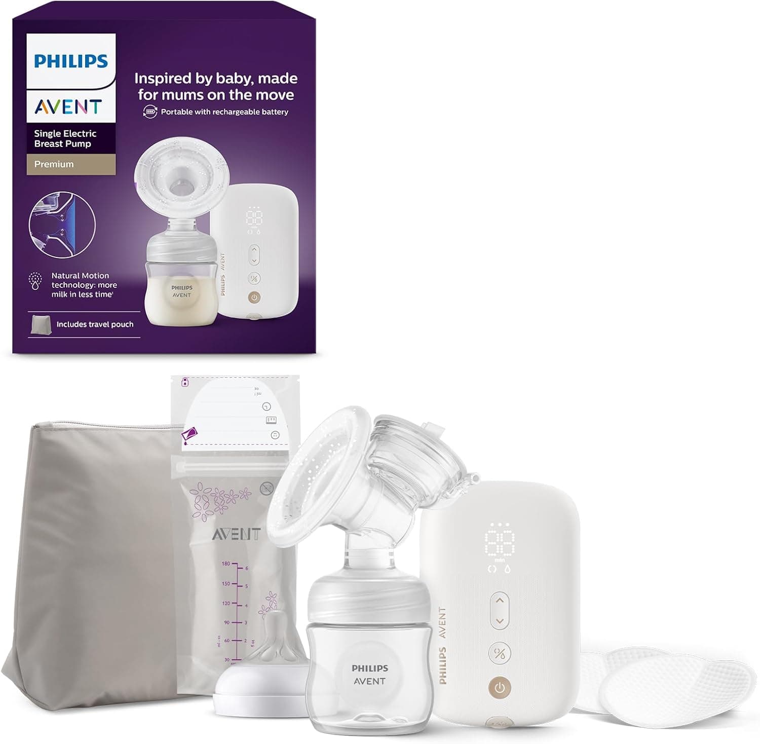 Philips Avent extrator de leite elétrico simples, potência hospitalar, motor recarregável e silencioso para uma experiência discreta em qualquer lugar, mala de viagem, modelo SCF396/31
