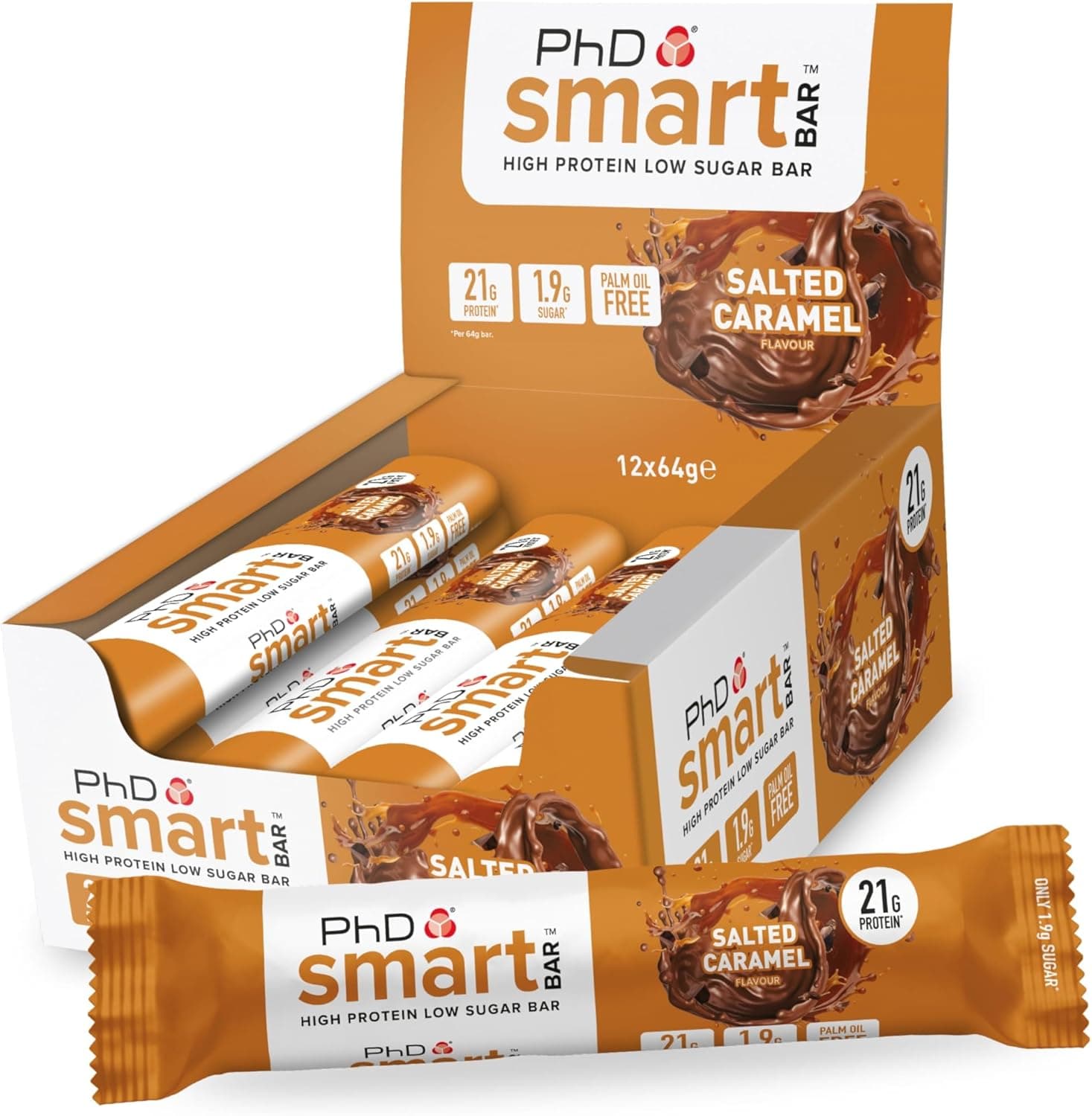 PhD Nutrition Smart Bar barras de proteína 12 x 64 g caramelo salgado - Snack proteico com 21 g de proteína e baixo teor açúcar para uma boa macronutrição