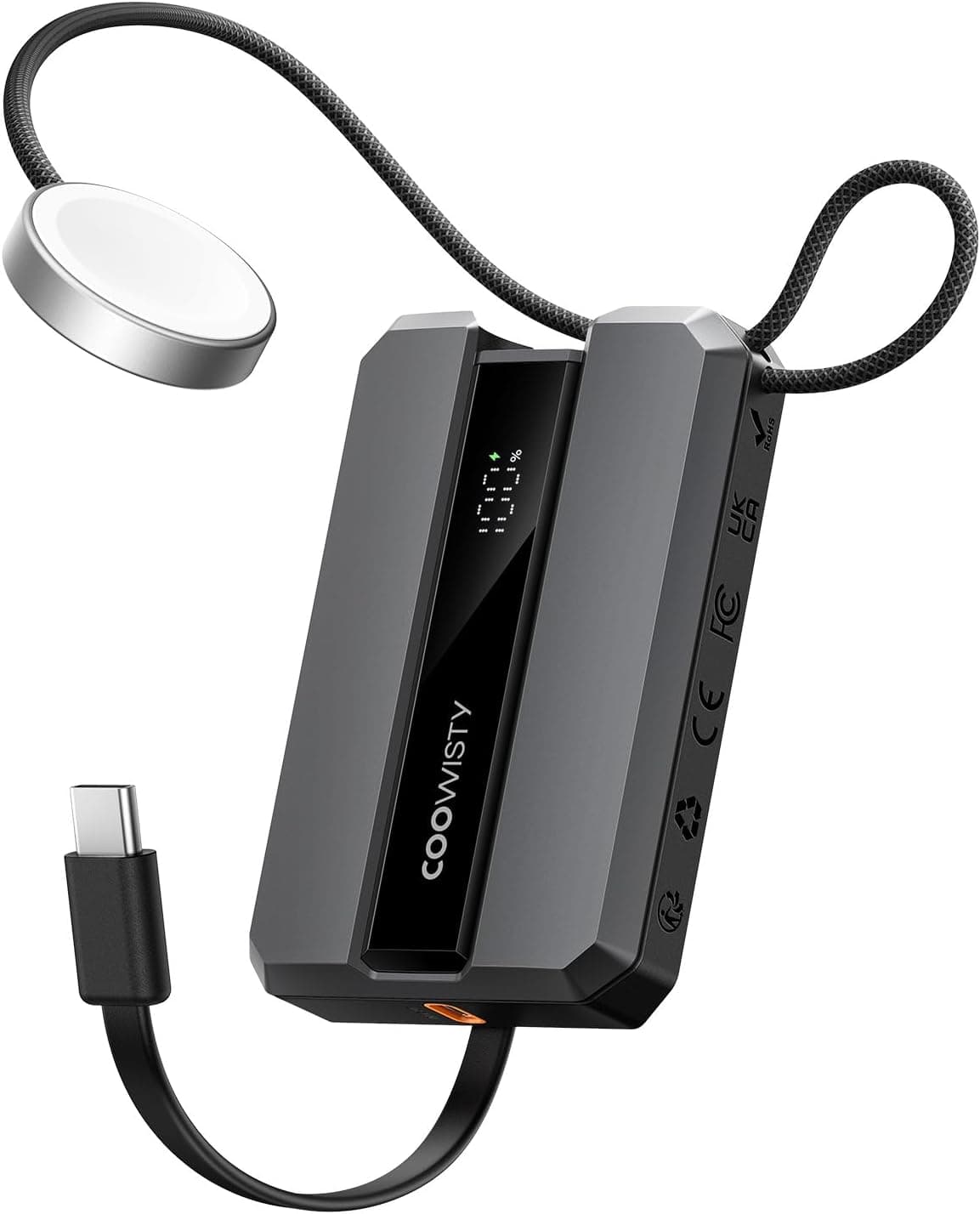 Coowisty Bateria externa para cabo USB C integrado PowerBank 10000 mAh 20 W PD