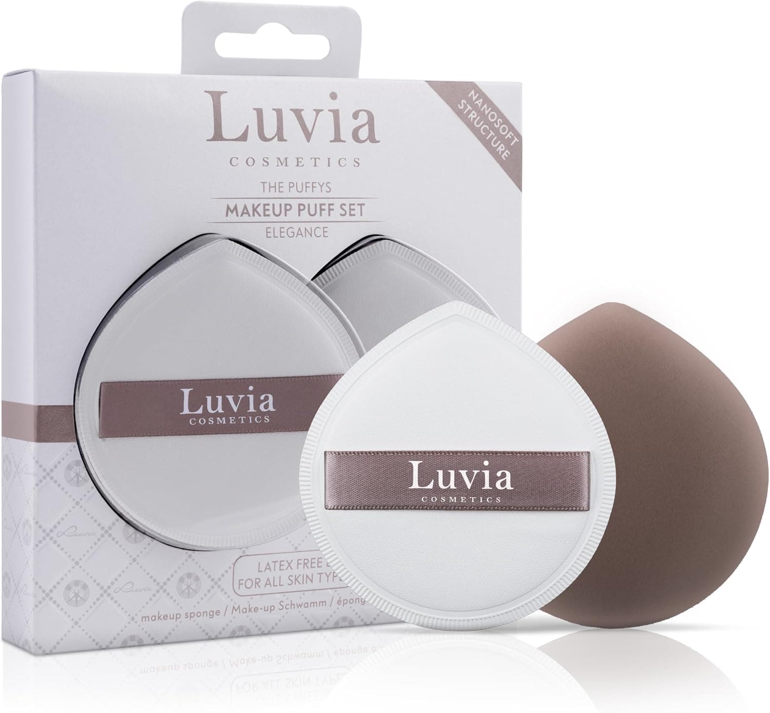Conjunto de 2 esponjas de maquilhagem Elegance – Luvia Cosmetics The Puffys – Conjunto de 2 esponjas cosméticas no conjunto, borla de pó, elástico reversível, esponja profissional para texturas