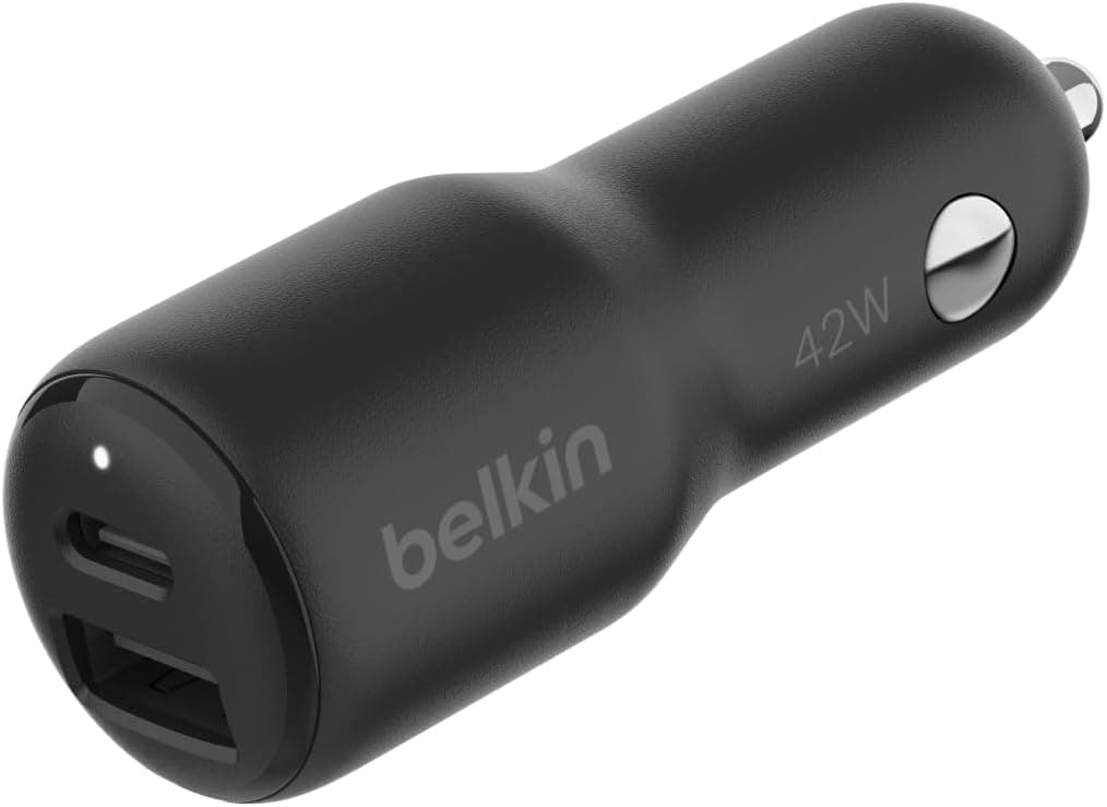 Belkin BoostCharge Carregador duplo para carro de 42 W com porta USB-C PPS de carregamento rápido a 30 W e USB-A de 12 W para modelos de iPhone da série 16, 15, 14 e 13, Samsung Galaxy S23 e outros