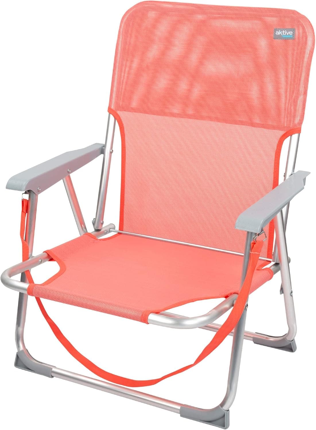 AKTIVE Cadeira de praia dobrável, cadeira encosto fixo, 44 x 40 x 72 cm, cor coral, cadeira dobrável baixa, tubos de alumínio, pega de transporte, peso máximo 100 kg, com batentes anti-viragem (62625)