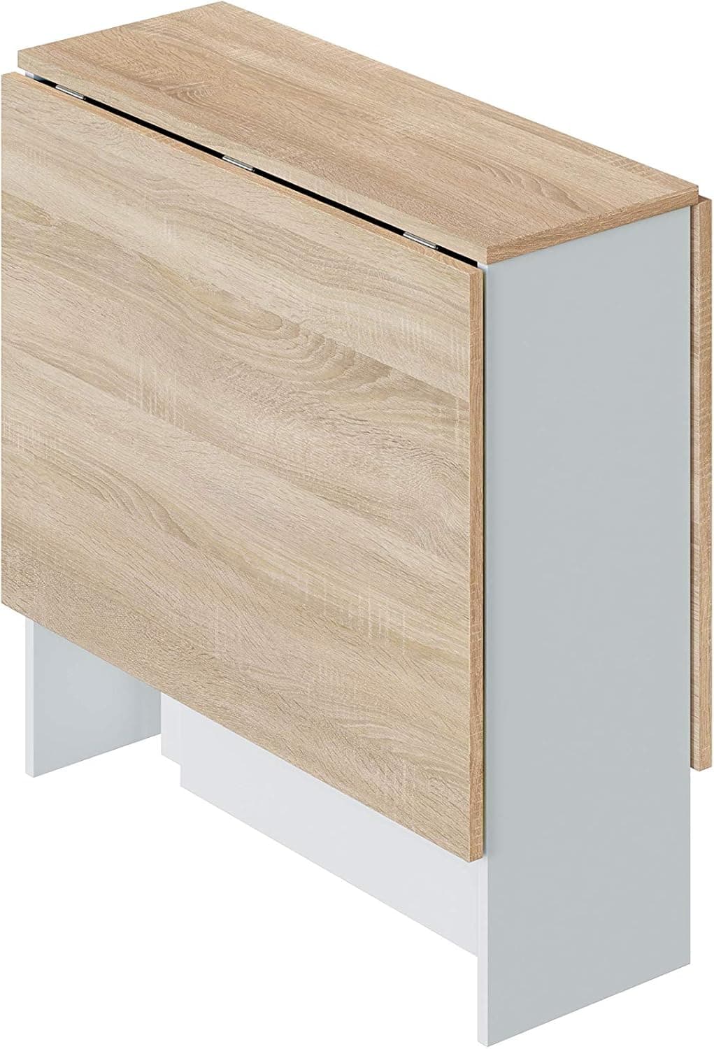 Mesa auxiliar com asas bativeis, mesa de cozinha, acabamento em cor branca Artik e carvalho canadense, modelo Fly, medidas: 77 cm (comprimento) x 31-140 cm (largura) x 79 cm (altura)