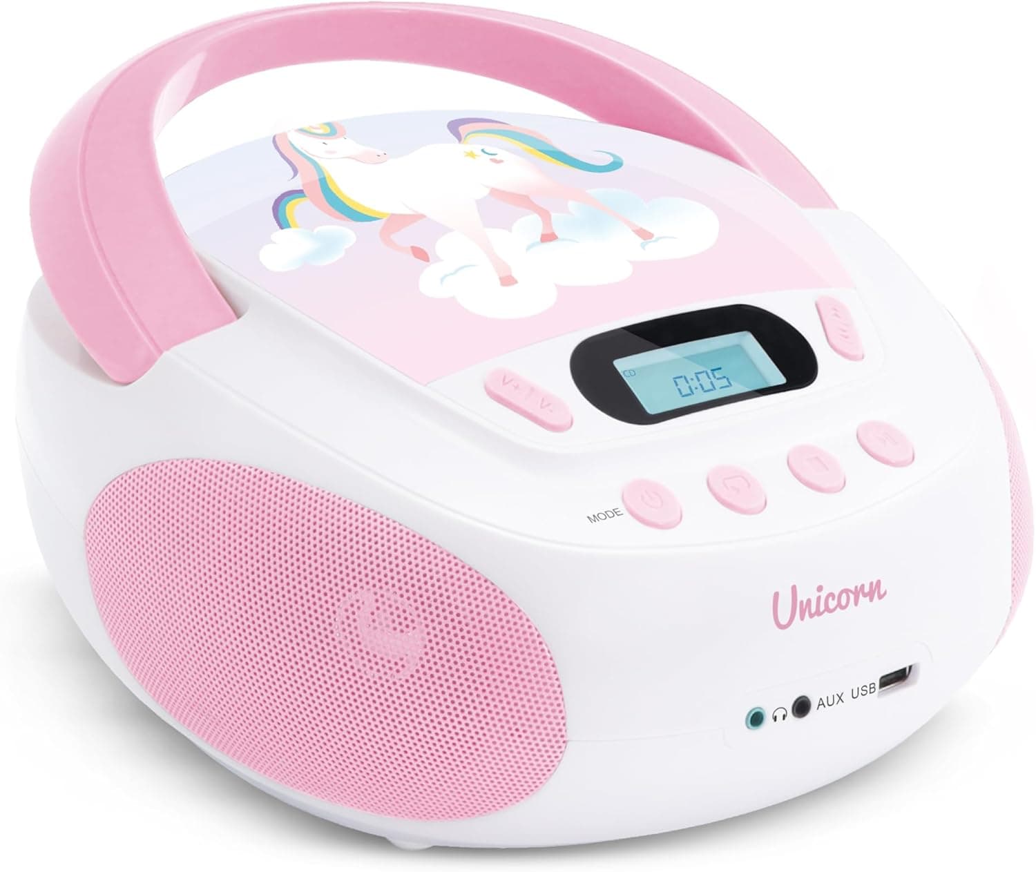 Mooov 474407 - Leitor de CD portátil, leitor de CD áudio CD-R/CD-RW, porta USB para MP3, som estéreo de 6 W, alça ergonómica, unicórnio