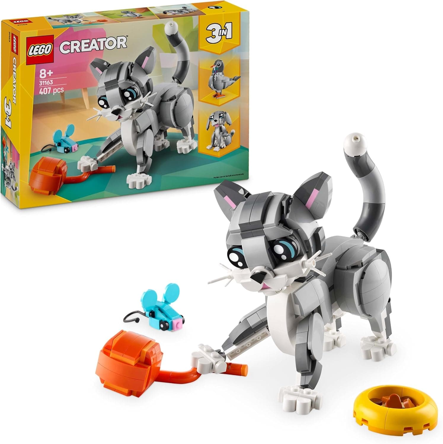 LEGO Creator 3 em 1 gato brincalhão transformável em cão de brincar ou pombo - presente de semana santa para meninas e meninos de 8 anos - conjunto com animais e figuras articuladas 31163