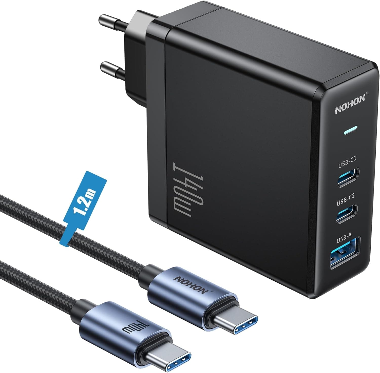 NOHON 140W PD 3.0 GAN | Carregador rápido USB-C de 140 W com 3 portas e cabo de 1,2 m compatível com smartphone, portátil e tablet
