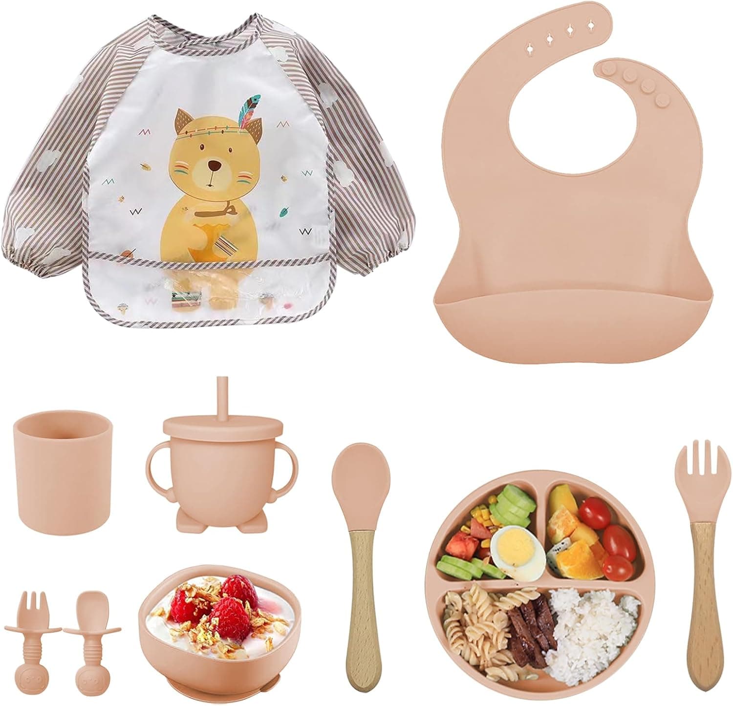 Louça de bebé de silicone, 10 peças conjuntos de louça infantil, talheres com prato ventoso, garfo com cabo de madeira, conjunto de babador, talheres para bebé, tigelas para bebés com ventosa louça