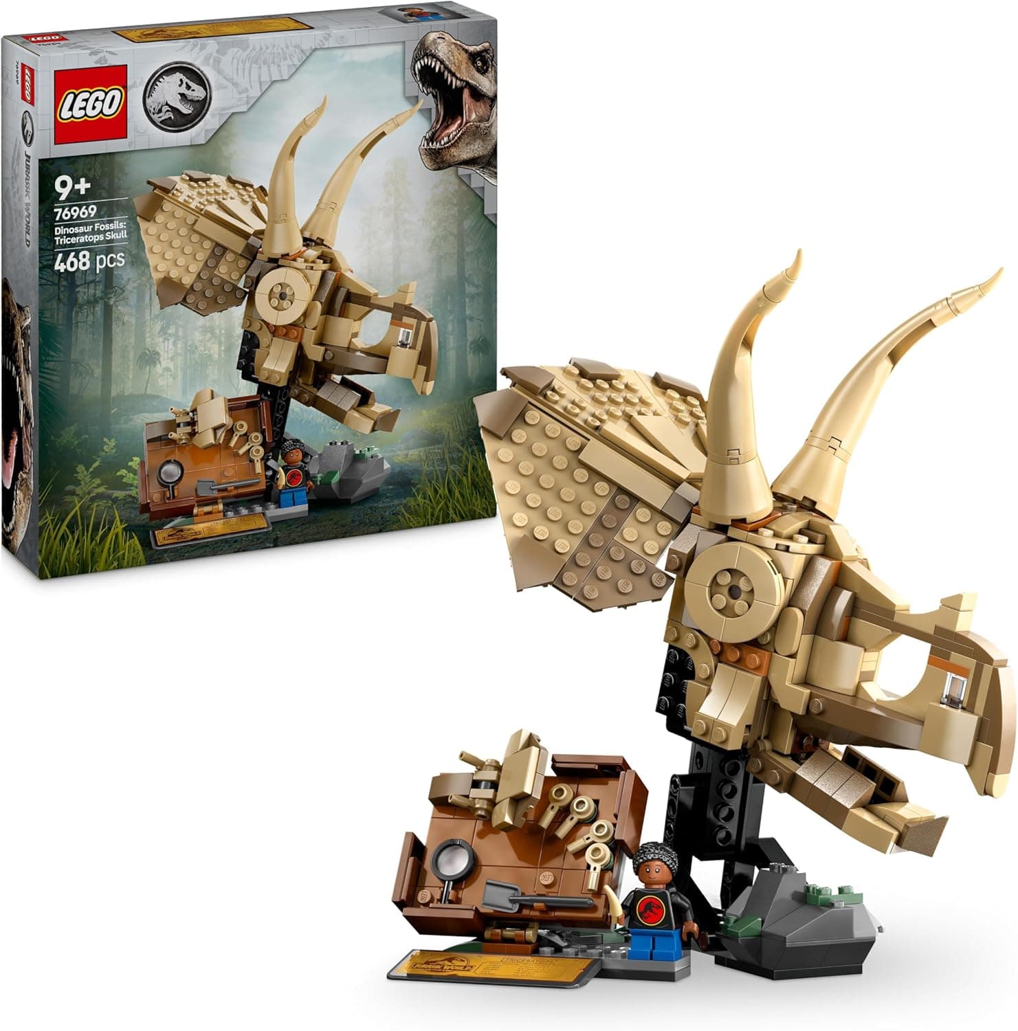 LEGO Jurassic World Fósseis de dinossauro: Crânio de triceratops casaco de dinossauro de brinquedo par meninos e meninas de 9 anos ou mais fã de paleontologia, decoração para quarto infantil 76969