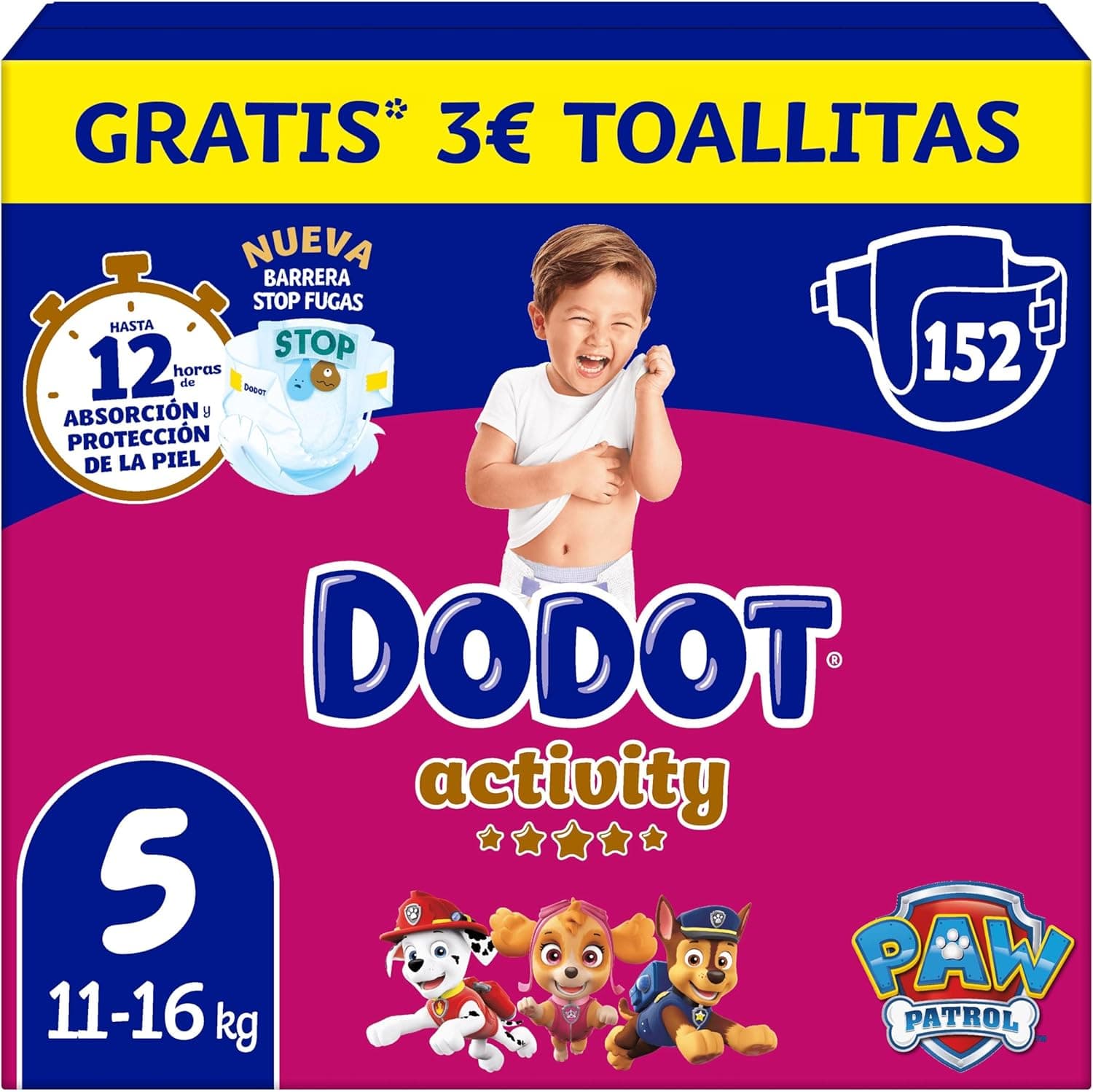 Dodot Fraldas bebé Activity, tamanho 5 (11-16 kg), 152 fraldas, até 12 h de proteção contra fugas e ajuste, pack mensal