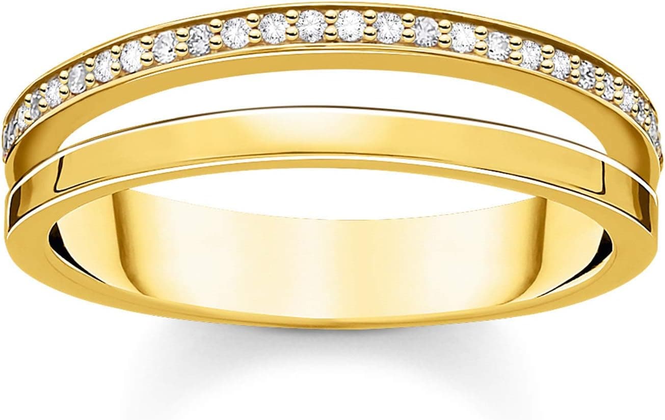 THOMAS SABO Anel de mulher de fileira dupla, pedras brancas, ouro amarelo 750, prata de lei 925 TR2316-414-14