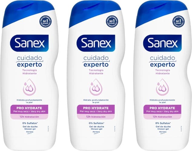 Sanex Cuidado especialista Pro Hydrate, gel de duche ou casa de banho, pele muito seca, hidratação profunda, combate bactérias, 600 ml x 3