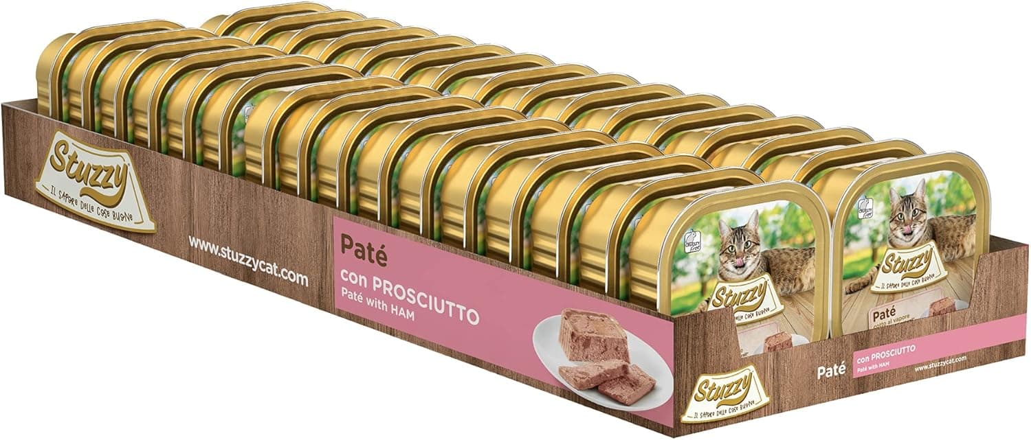 Stuzzy Mister, comida húmida para gatos adultos, sabor de presunto, linha patê e carne em pedaços - total 3,2 kg (32 frascos x 100 g)