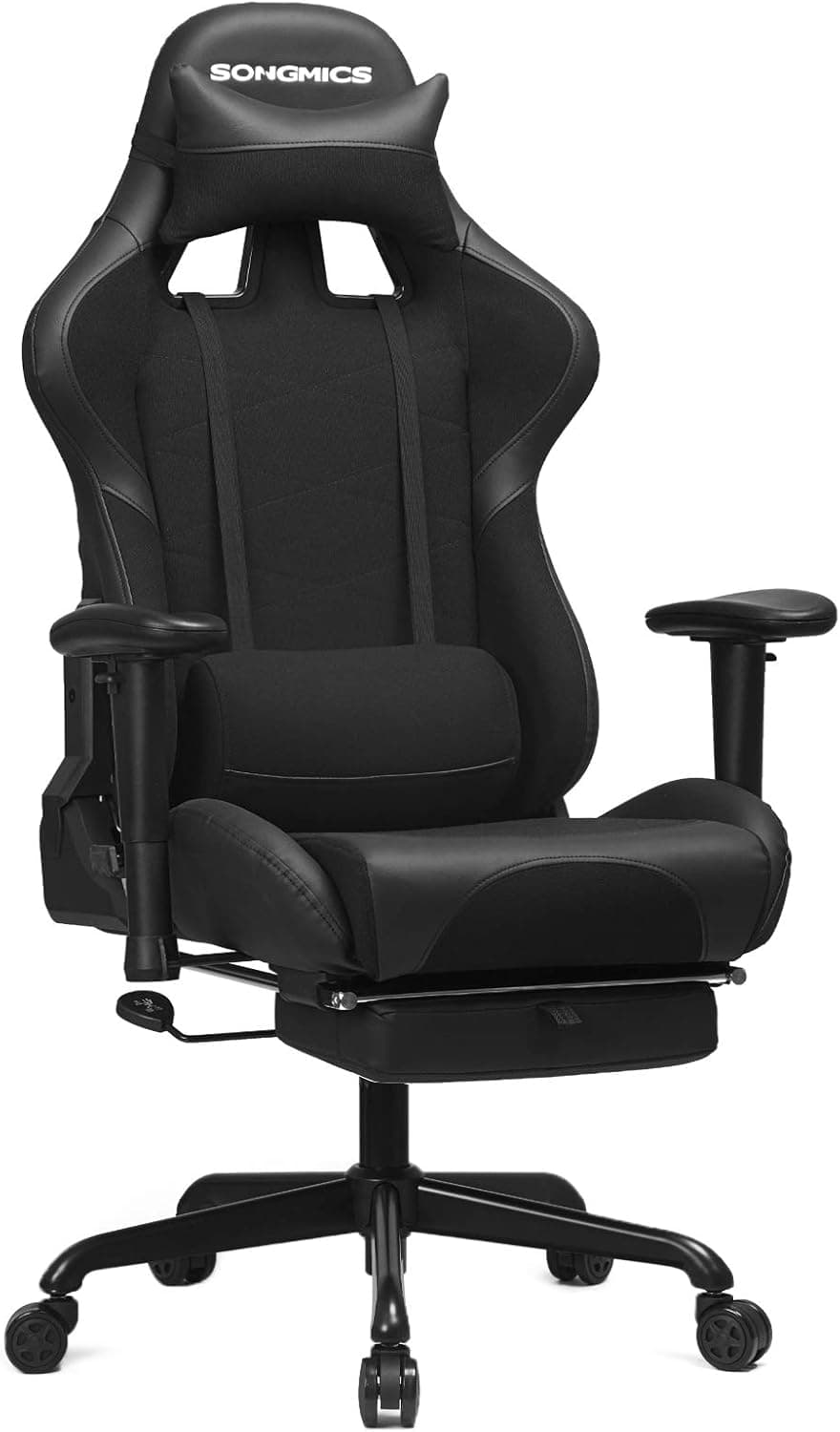 SONGMICS Cadeira de jogos com apoio para os pés, cadeira ergonómica Racing, capacidade de 150 kg, com apoio de cabeça, almofada lombar, encosto alto, couro sintético, malha respirável, preto RCG52BK