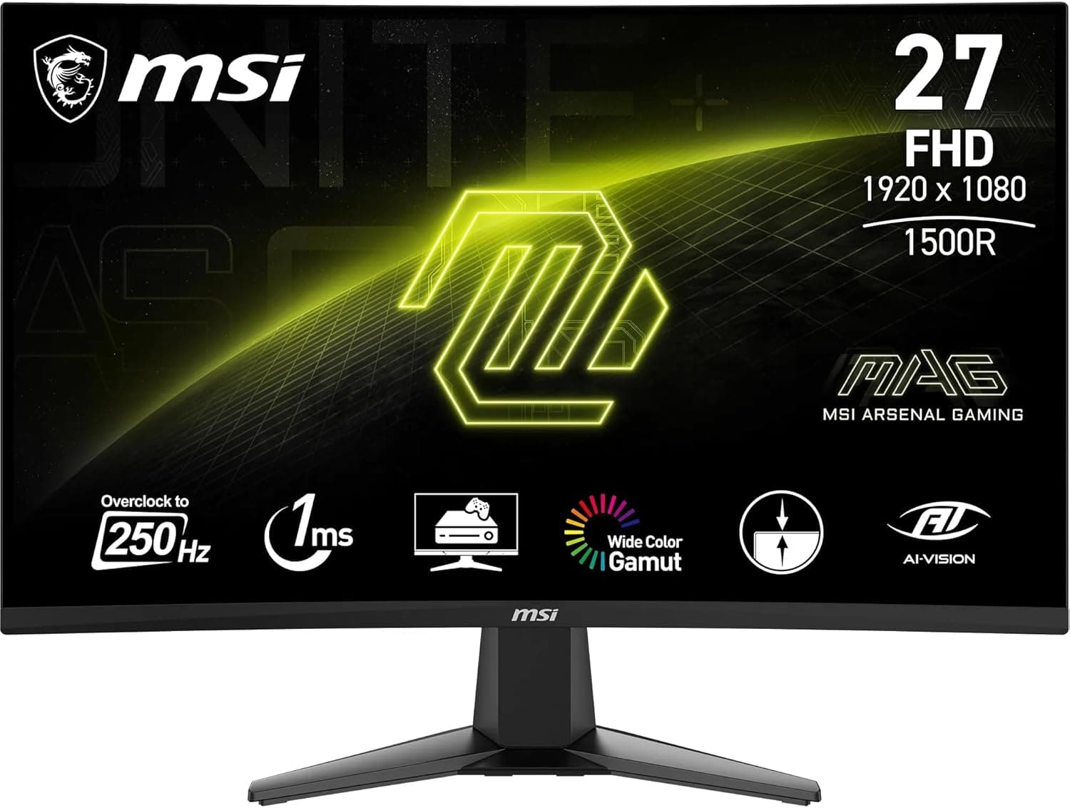 MSI mag 27C6X Monitor curvo Gaming FHD de 27 polegadas, 1500R 1920 x 1080 VA painel, 250 Hz (OC)/1 ms, Adaptive-Sync, DP 1,2a, HDMI CEC
